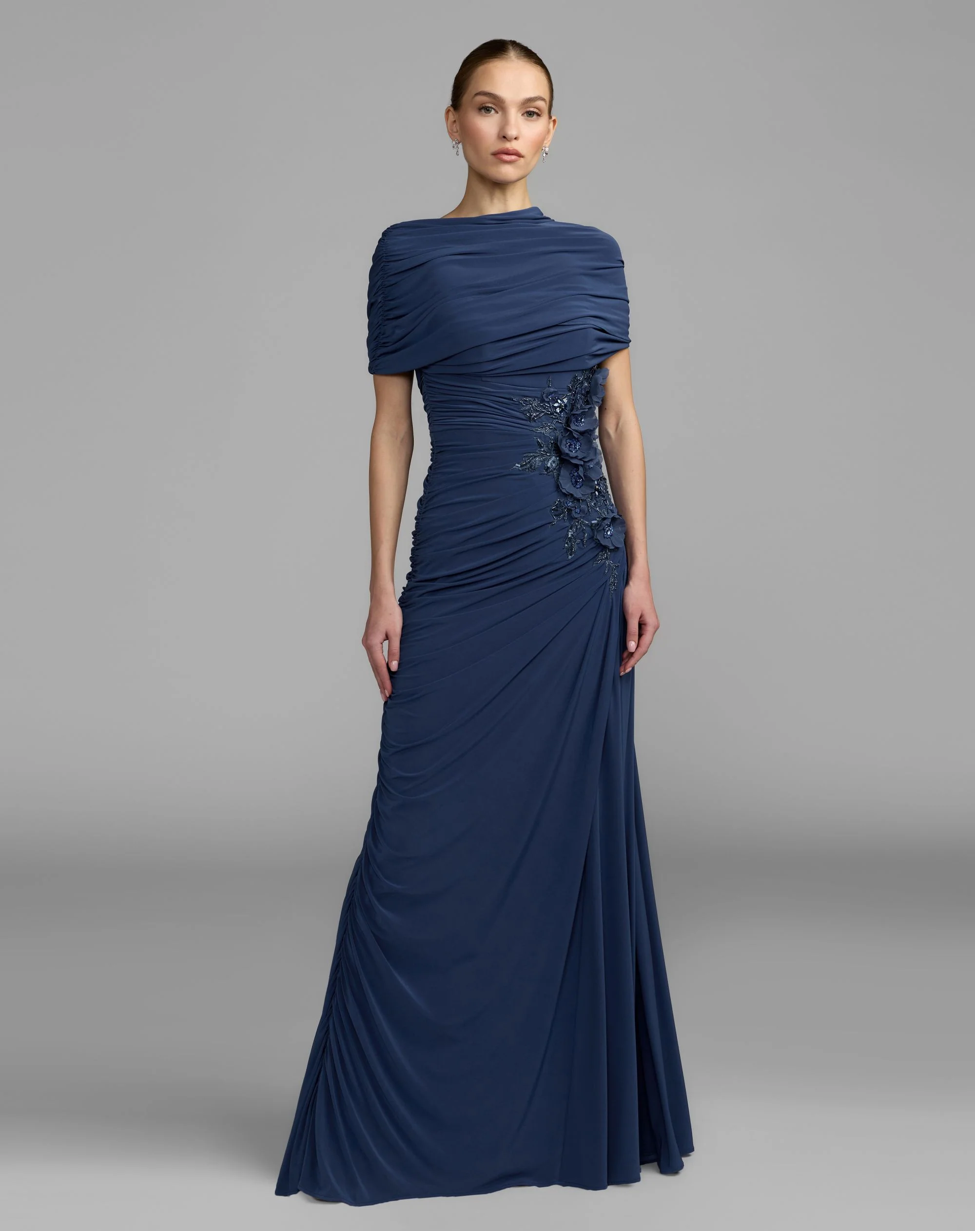Navy Embellished Jersey Draped Column Gown - Special Events Unlimited