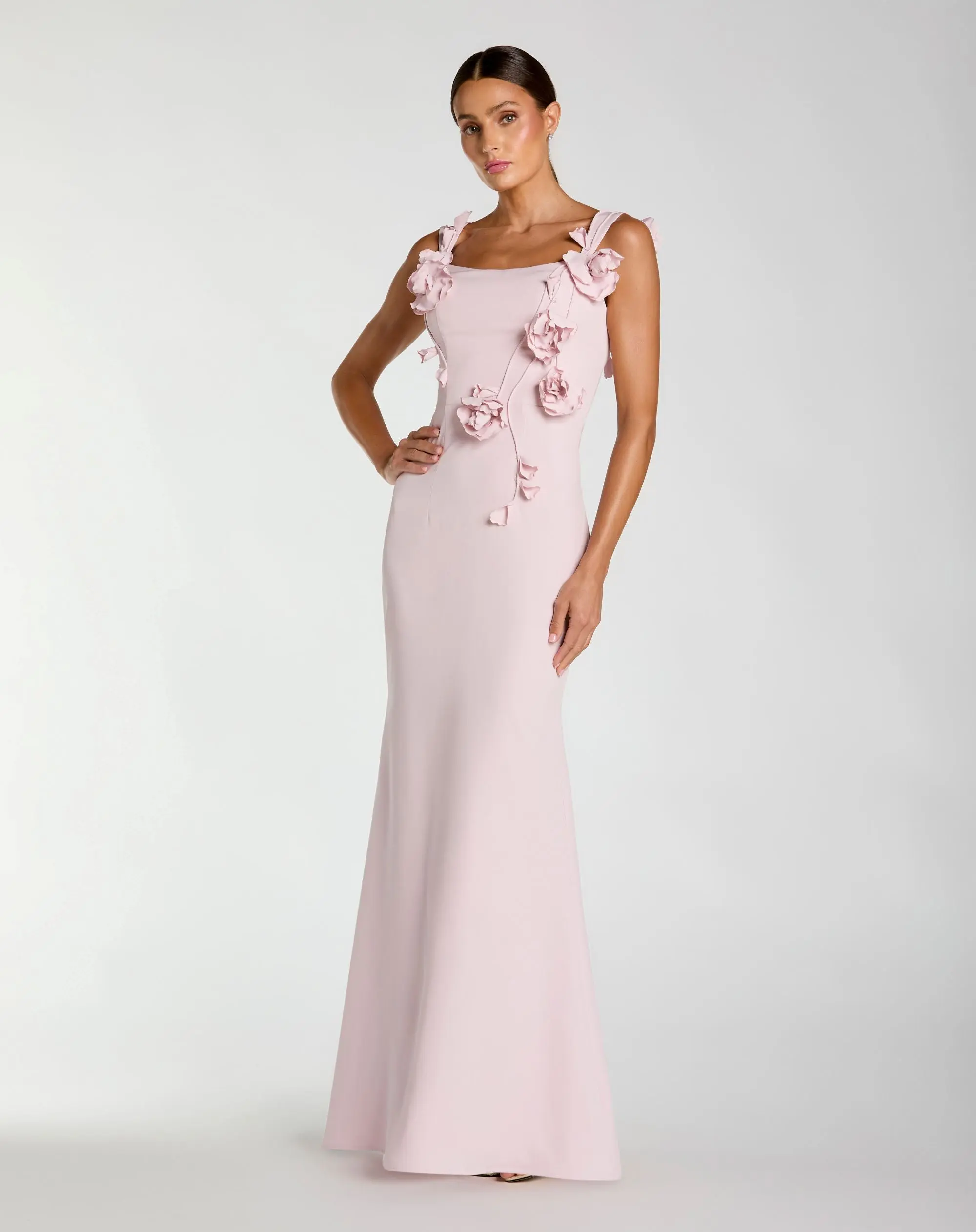 Pink Sleeveless Crepe Column Gown With Floral Detail - Special Events Unlimited