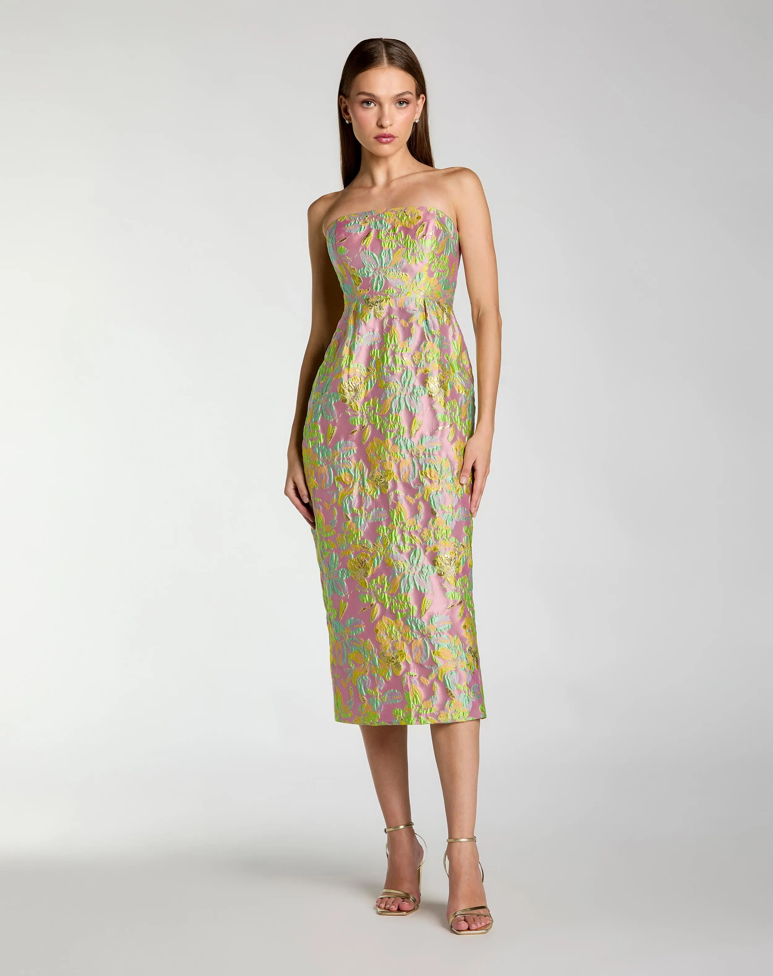 Multicolor Strapless Floral Brocade Midi Dress - Special Events Unlimited