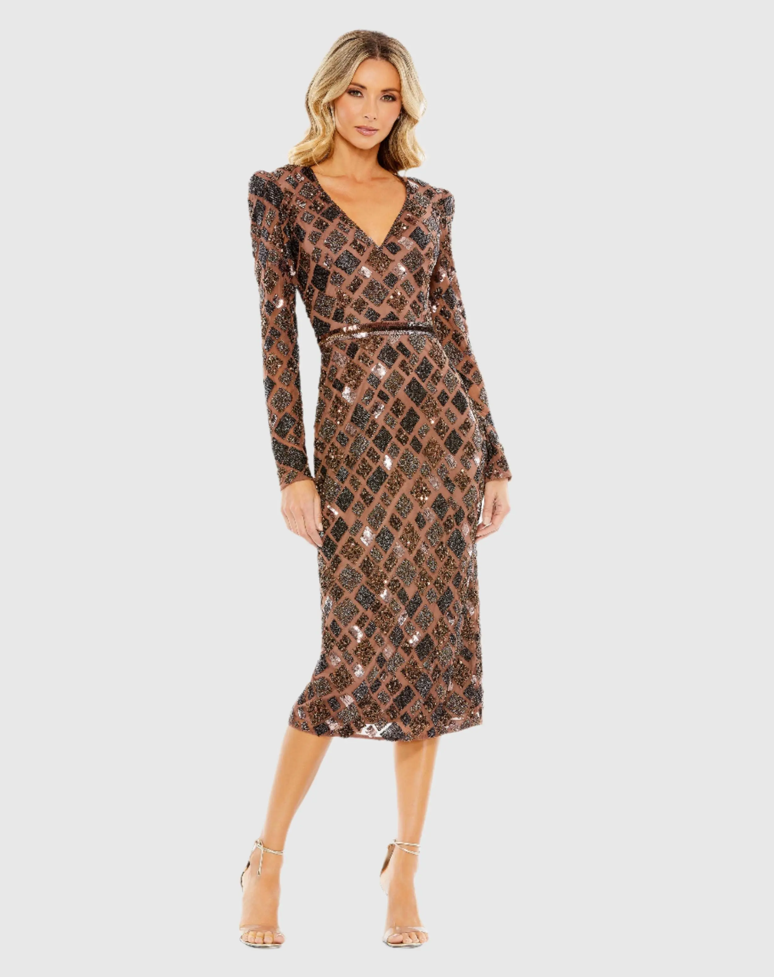 Brown Geo Embellished Midi Sheath Dress - Special Events Unlimited