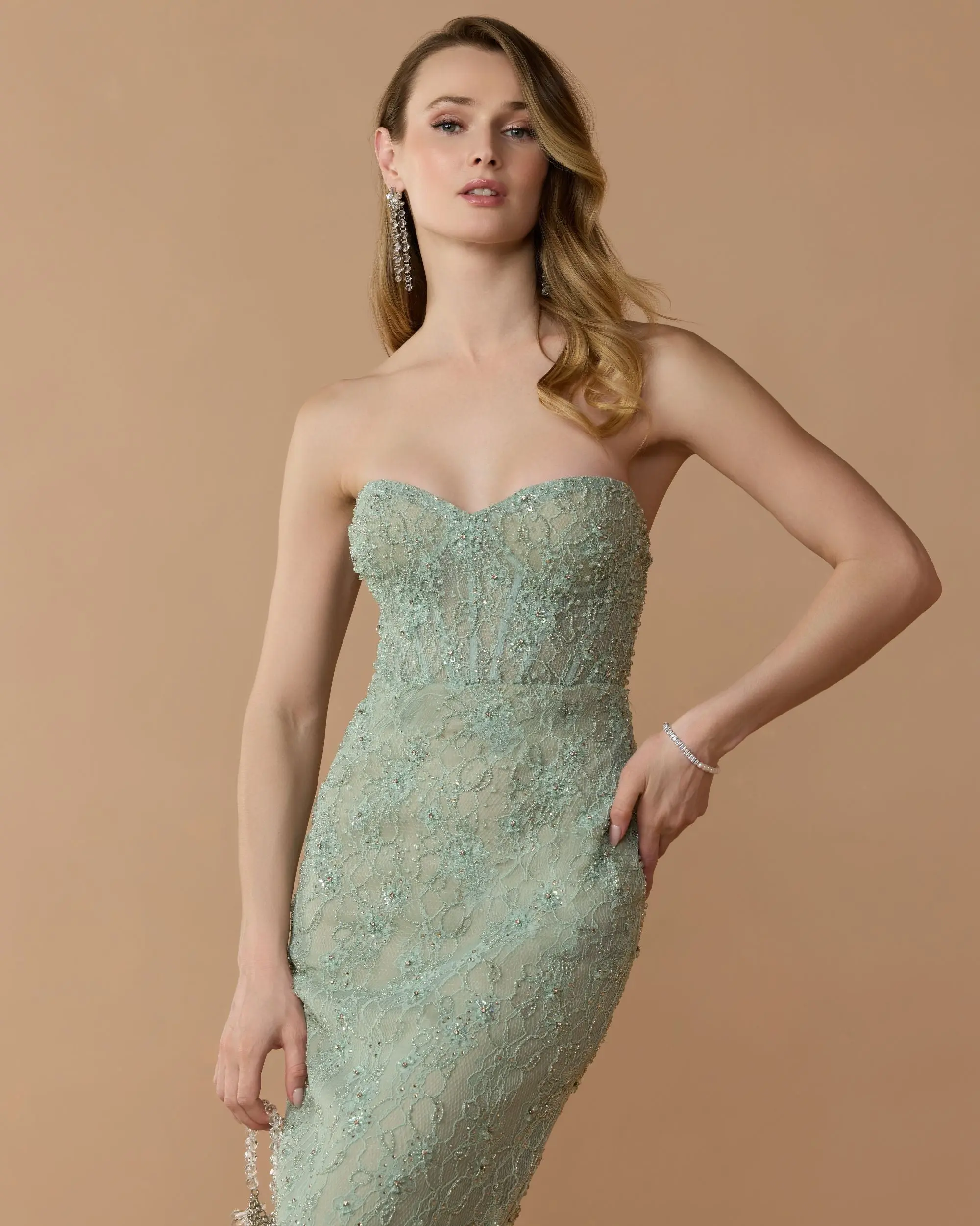 Green Embellished Strapless Bustier Gown With Sweeping Train - Special Events Unlimited