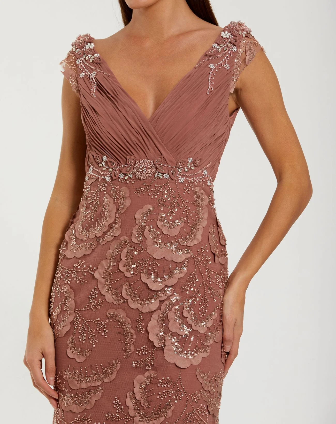Petite Pink Floral Beaded Chiffon V-Neck Evening Gown - Special Events Unlimited
