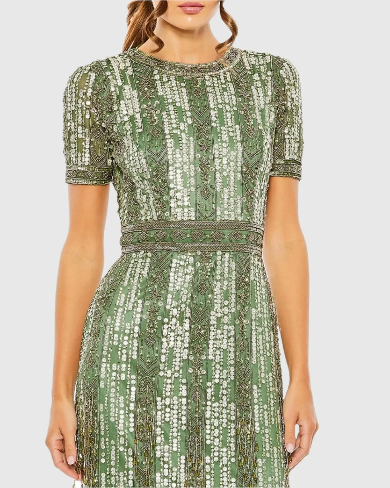 Green High Neck Short Sleeve Crystal Fringe Sheath Dress - Special Events Unlimited