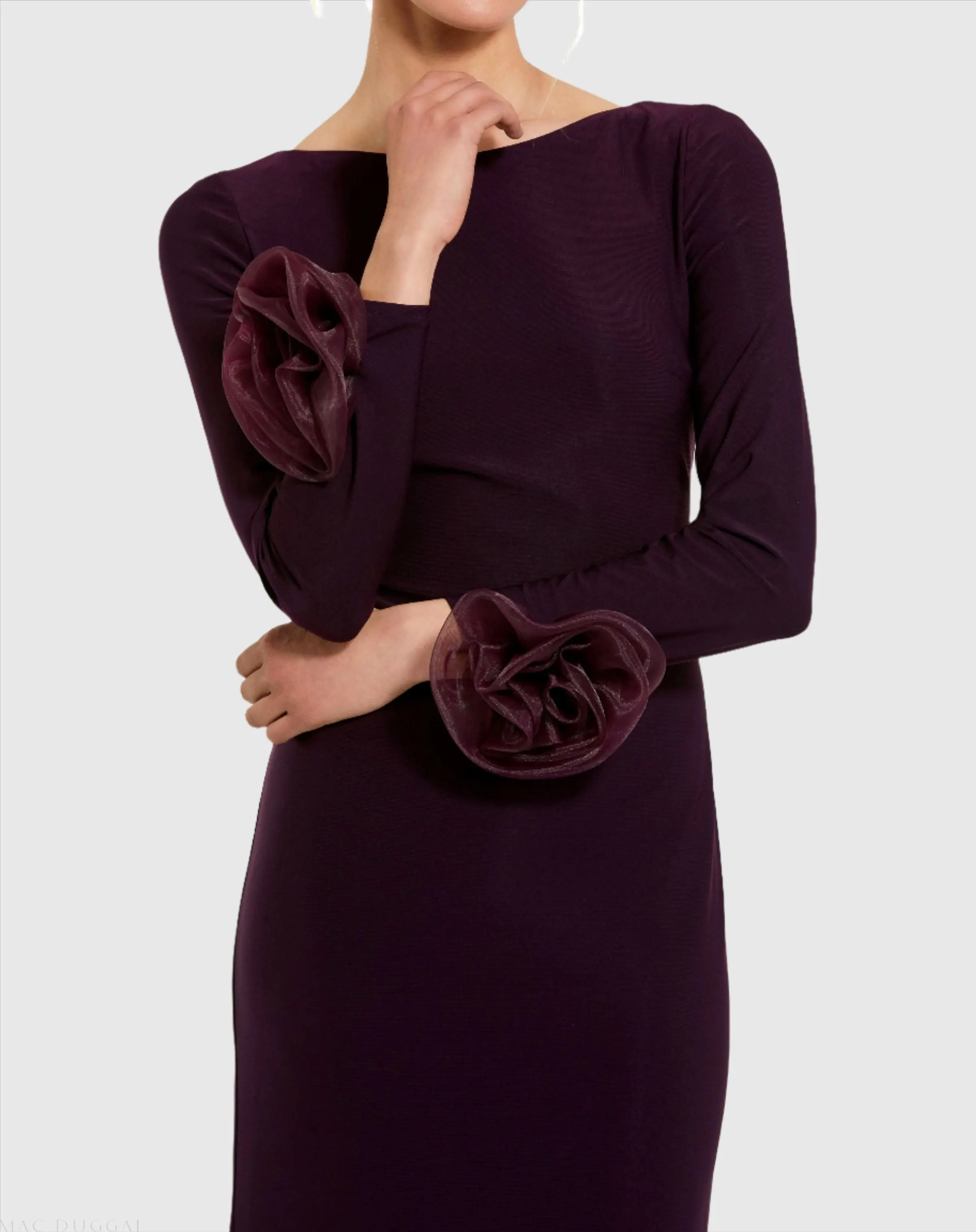 Purple Long Sleeve Fitted Jersey Gown With 3D Flowers - Special Events Unlimited
