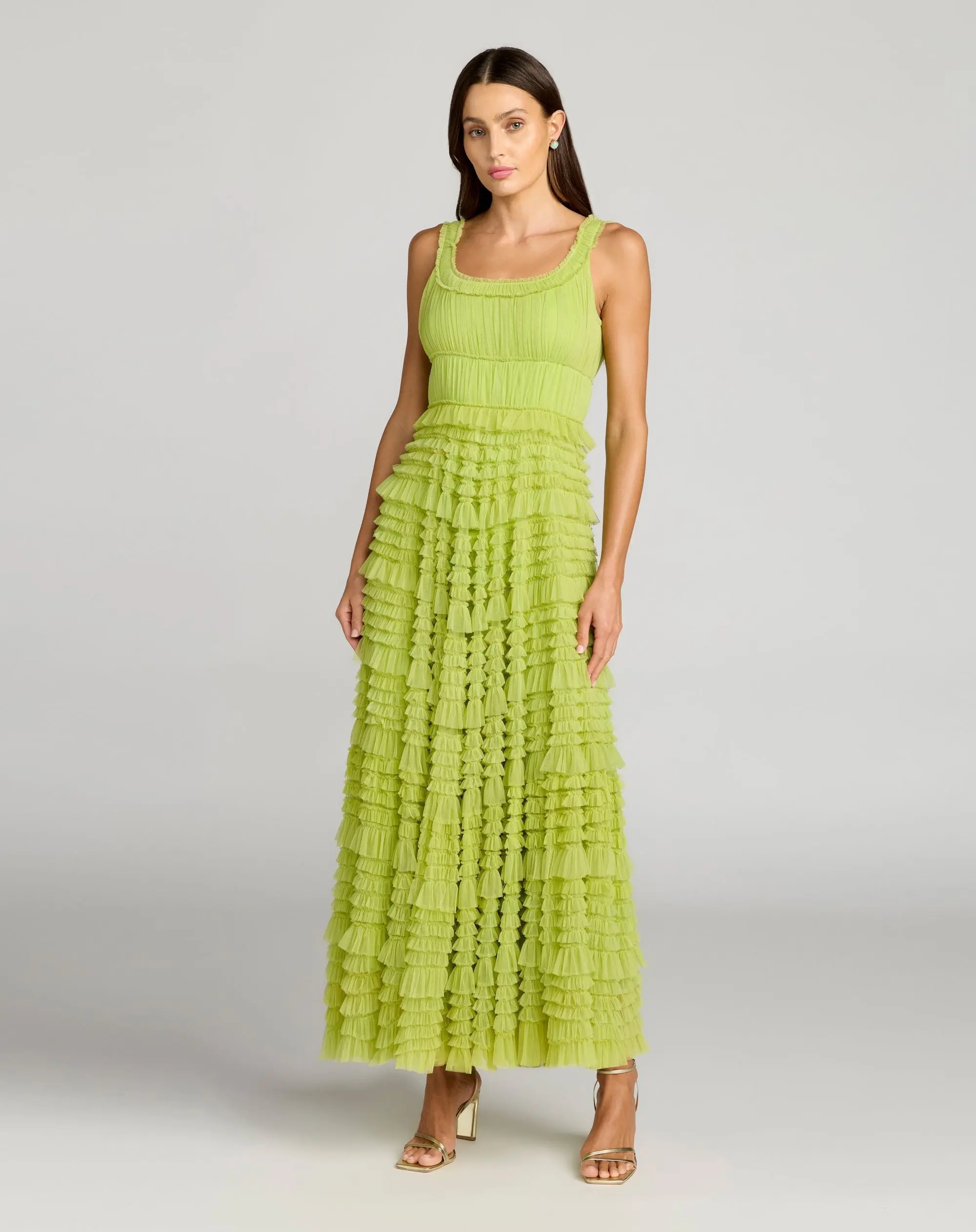 Green Micro Ruffle Sleeveless Scoop Neck Maxi Dress - Special Events Unlimited