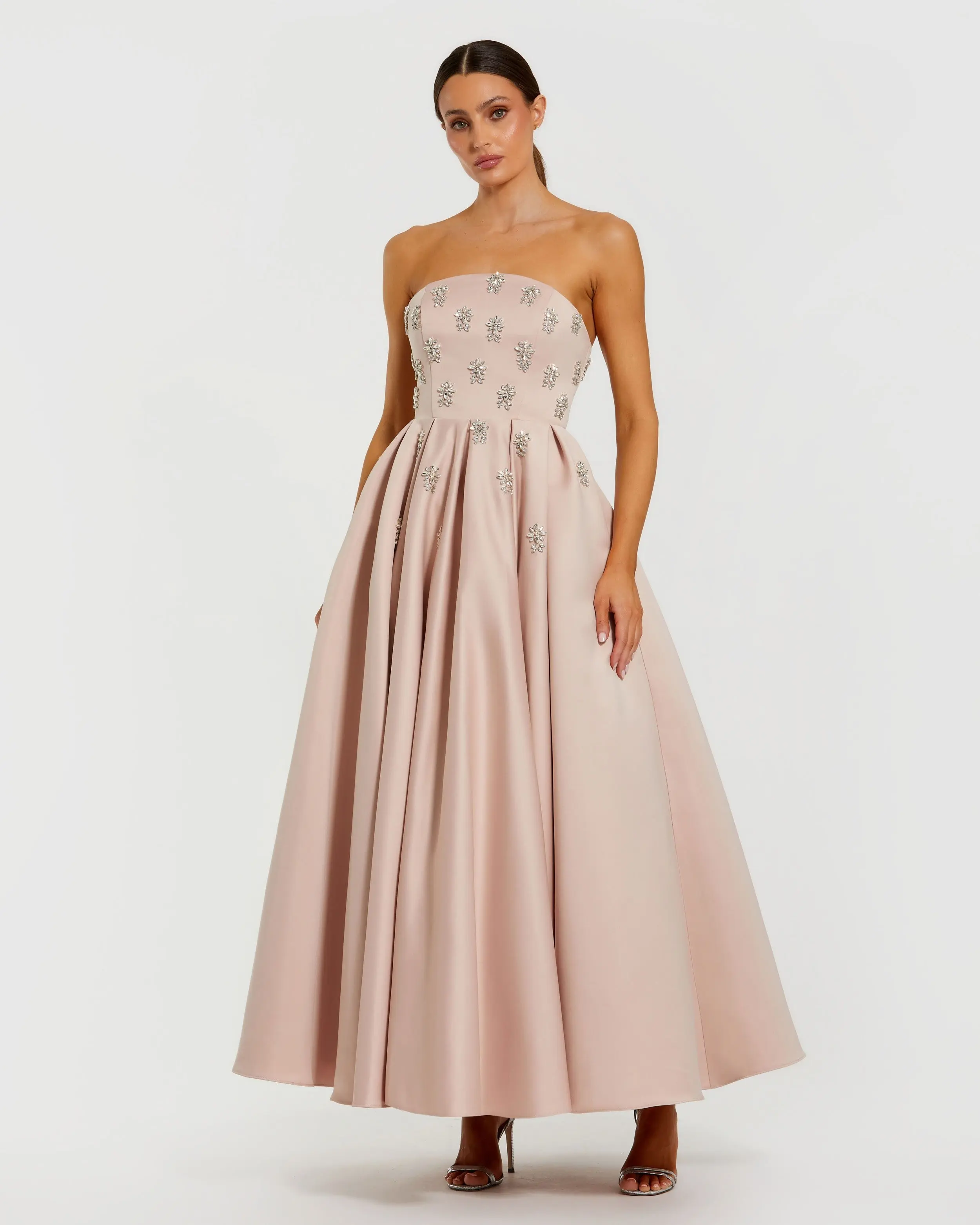 Pink Strapless Crystal Embellished Satin A-Line Dress - Special Events Unlimited