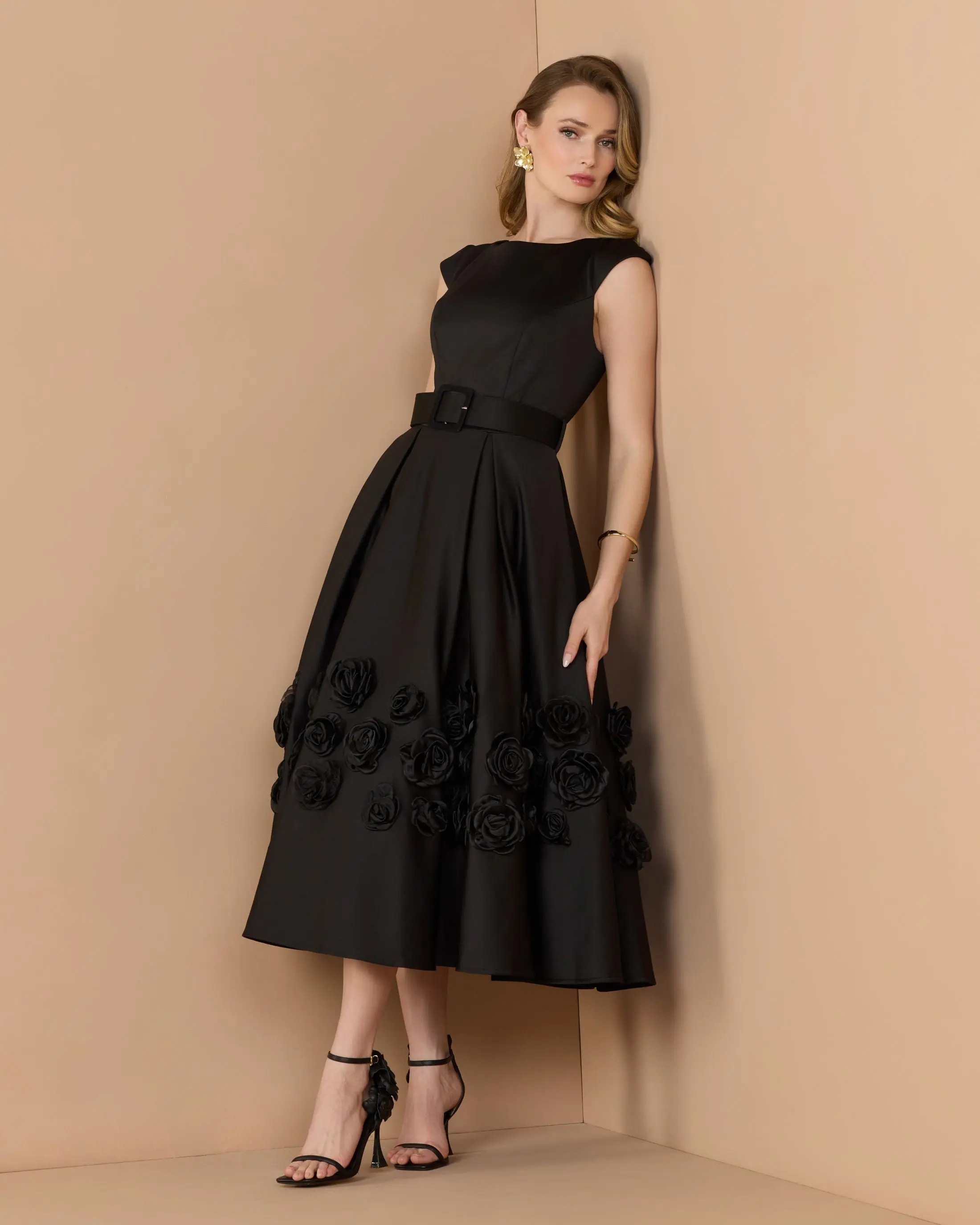 Black Satin Cap Sleeve Midi Dress With 3D Flowers - Special Events Unlimited