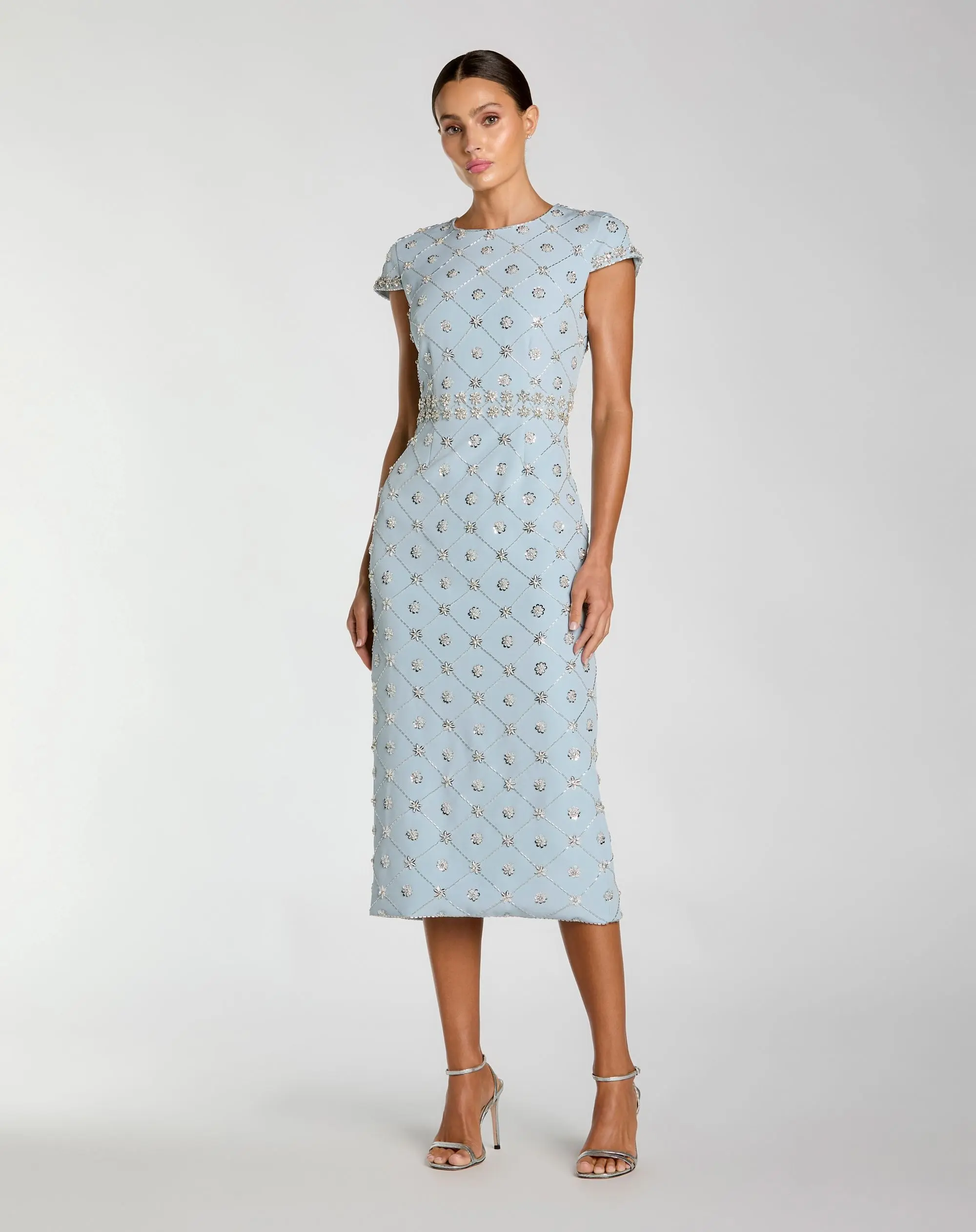 Blue Hand Embellished High Neck Midi Dress - Special Events Unlimited