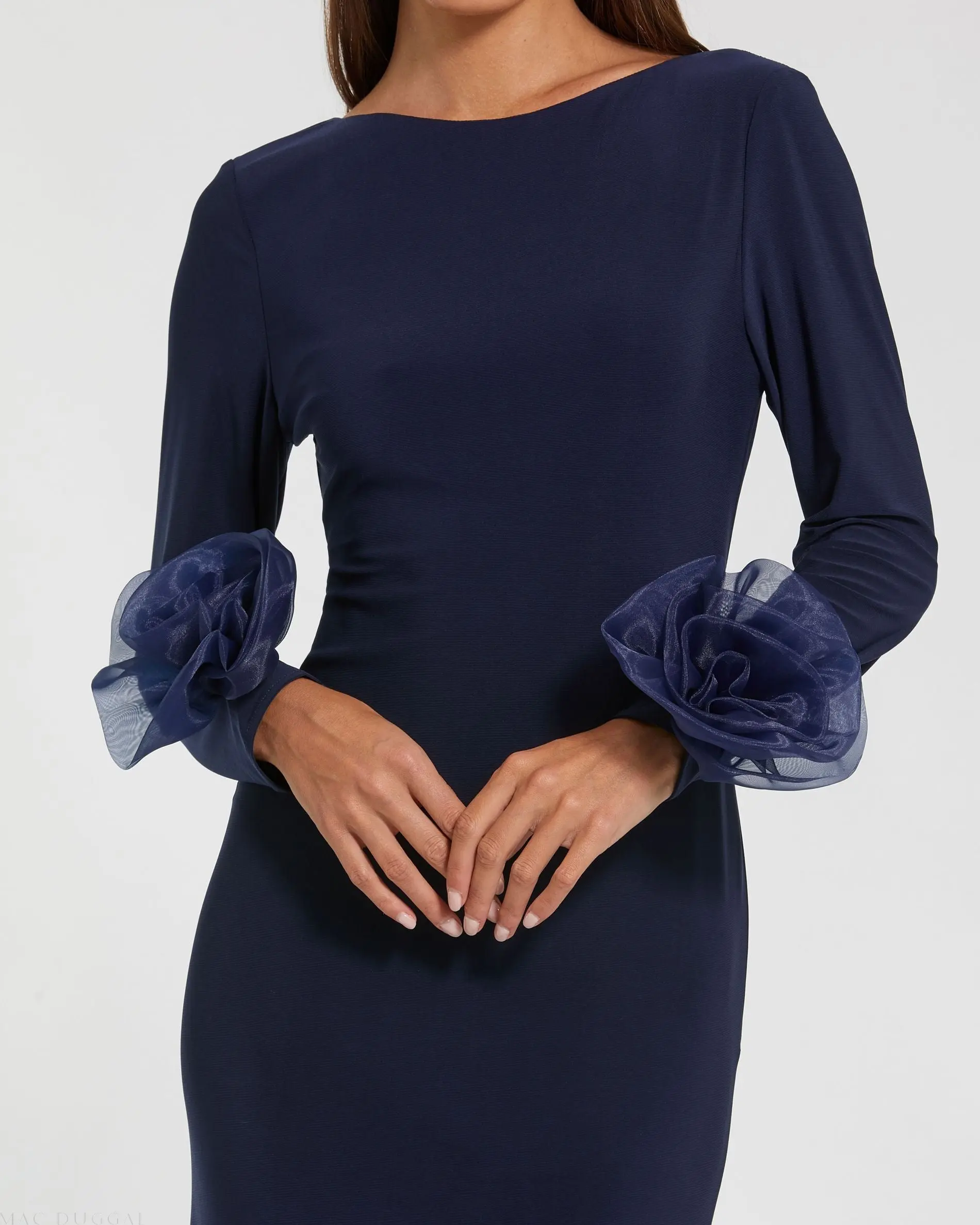 Navy Long Sleeve Fitted Jersey Gown With 3D Flowers - Special Events Unlimited