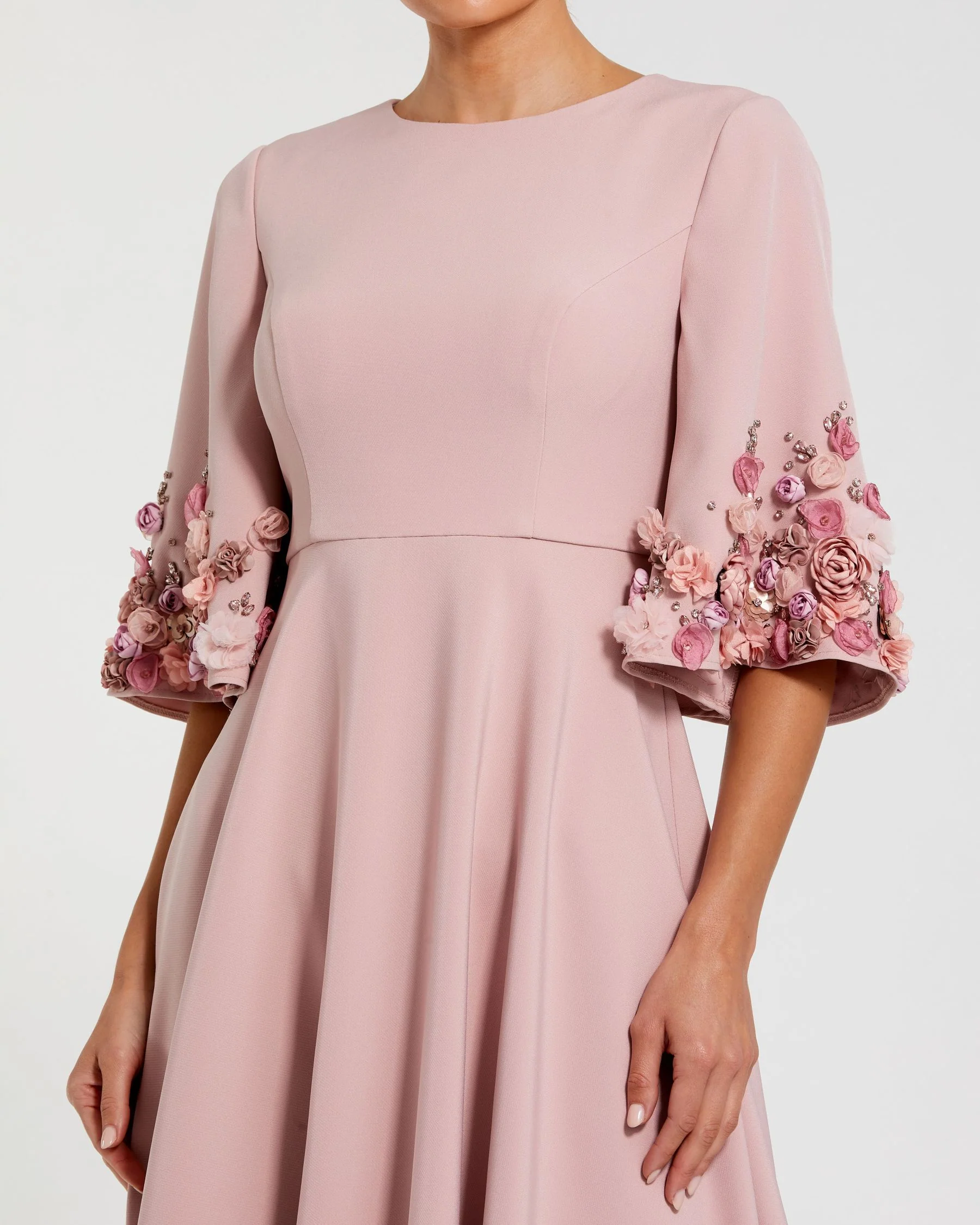 Petite Pink Crepe 3/4 Sleeve A-line Gown With Flower Trim - Special Events Unlimited