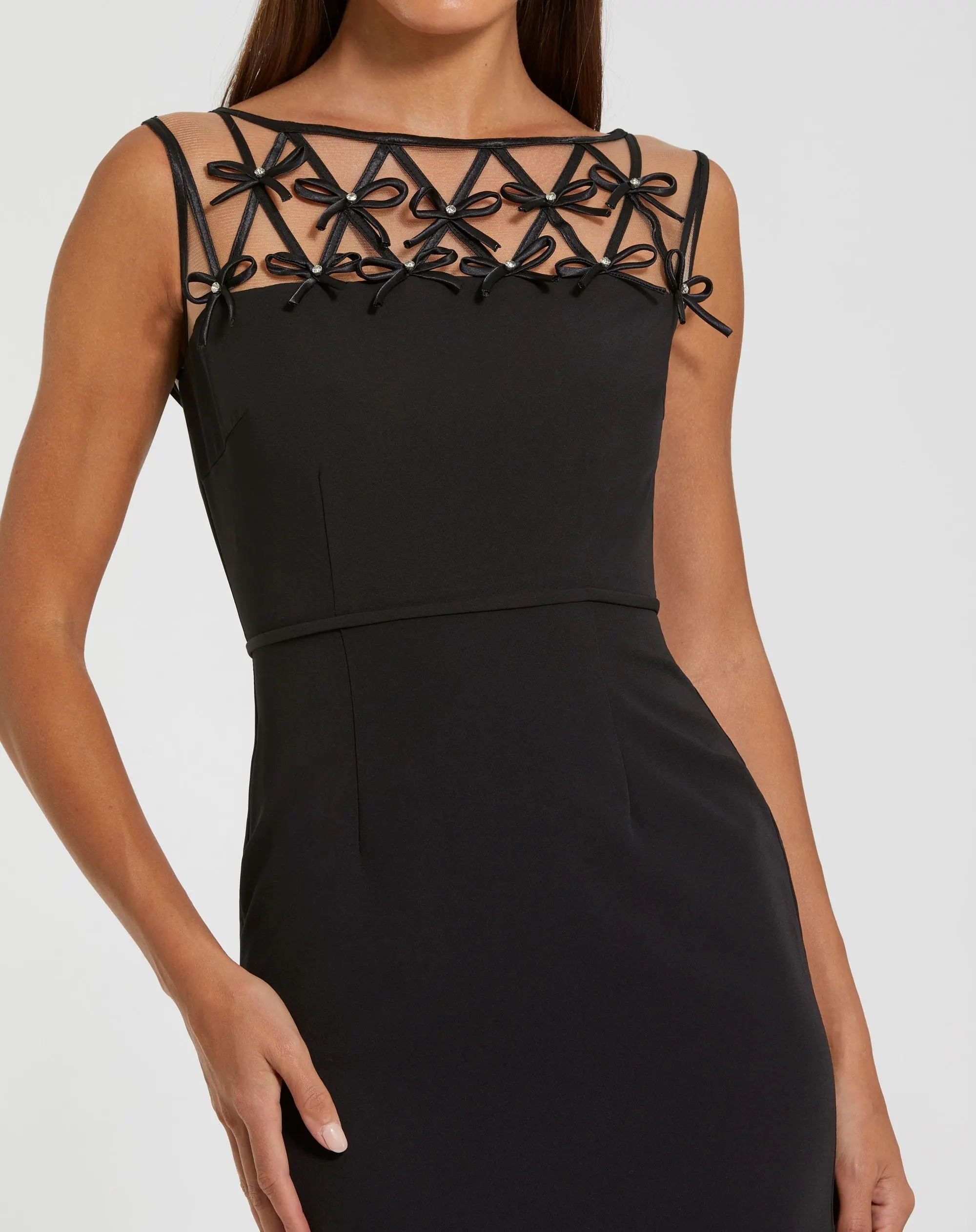 Black Sleeveless Crepe Gown With Embellished Bows - Special Events Unlimited