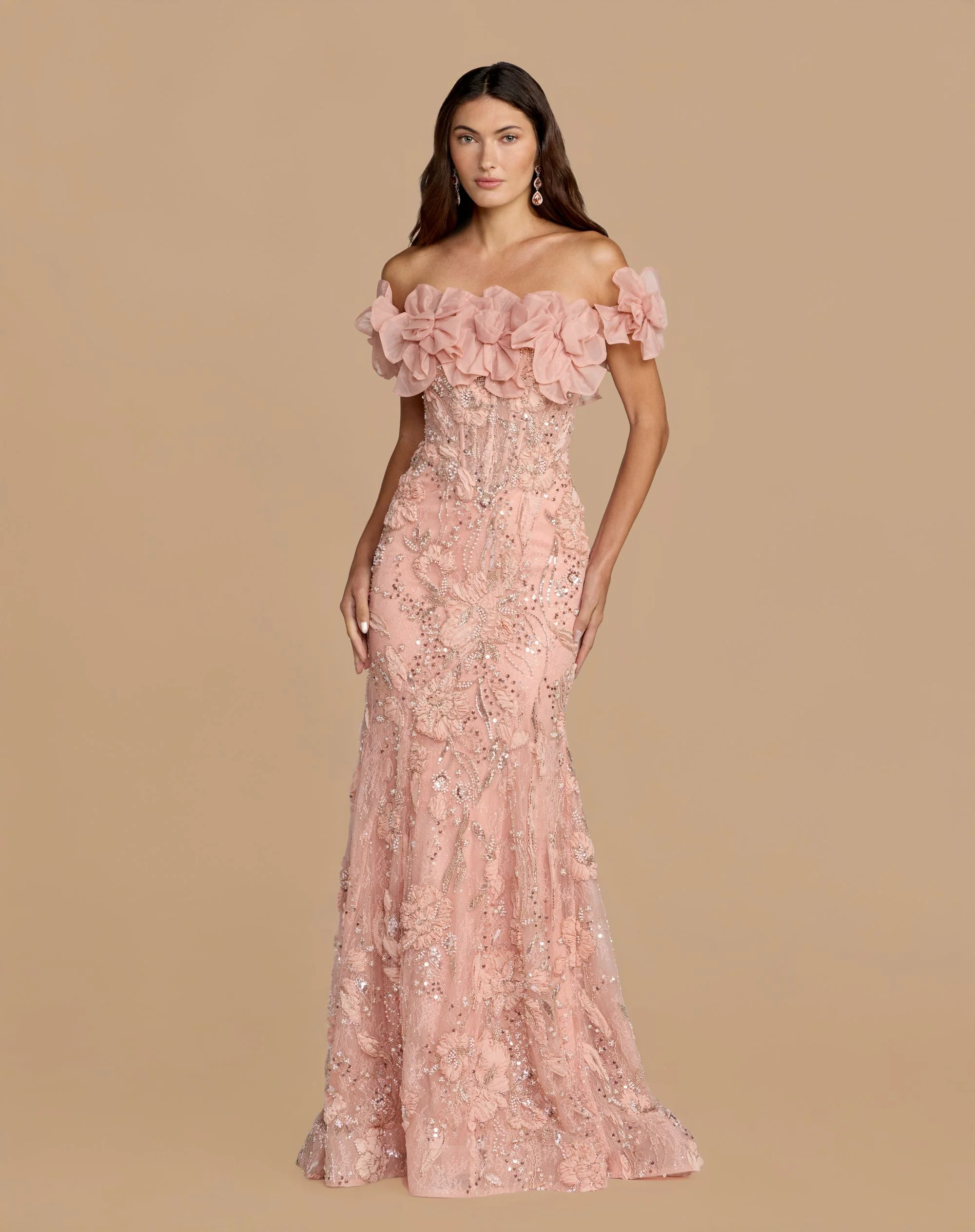 Pink Off The Shoulder Embellished Mermaid Gown - Special Events Unlimited