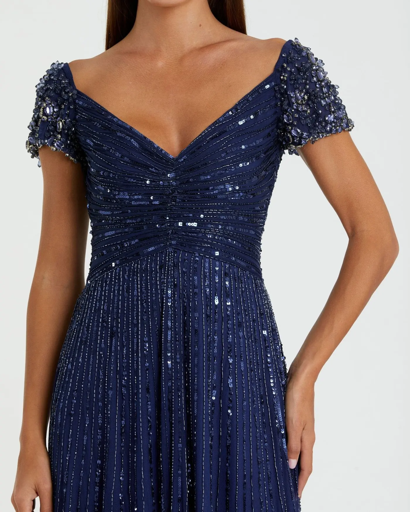 Navy Sequined Evening Gown With Embellished Shoulders - Special Events Unlimited