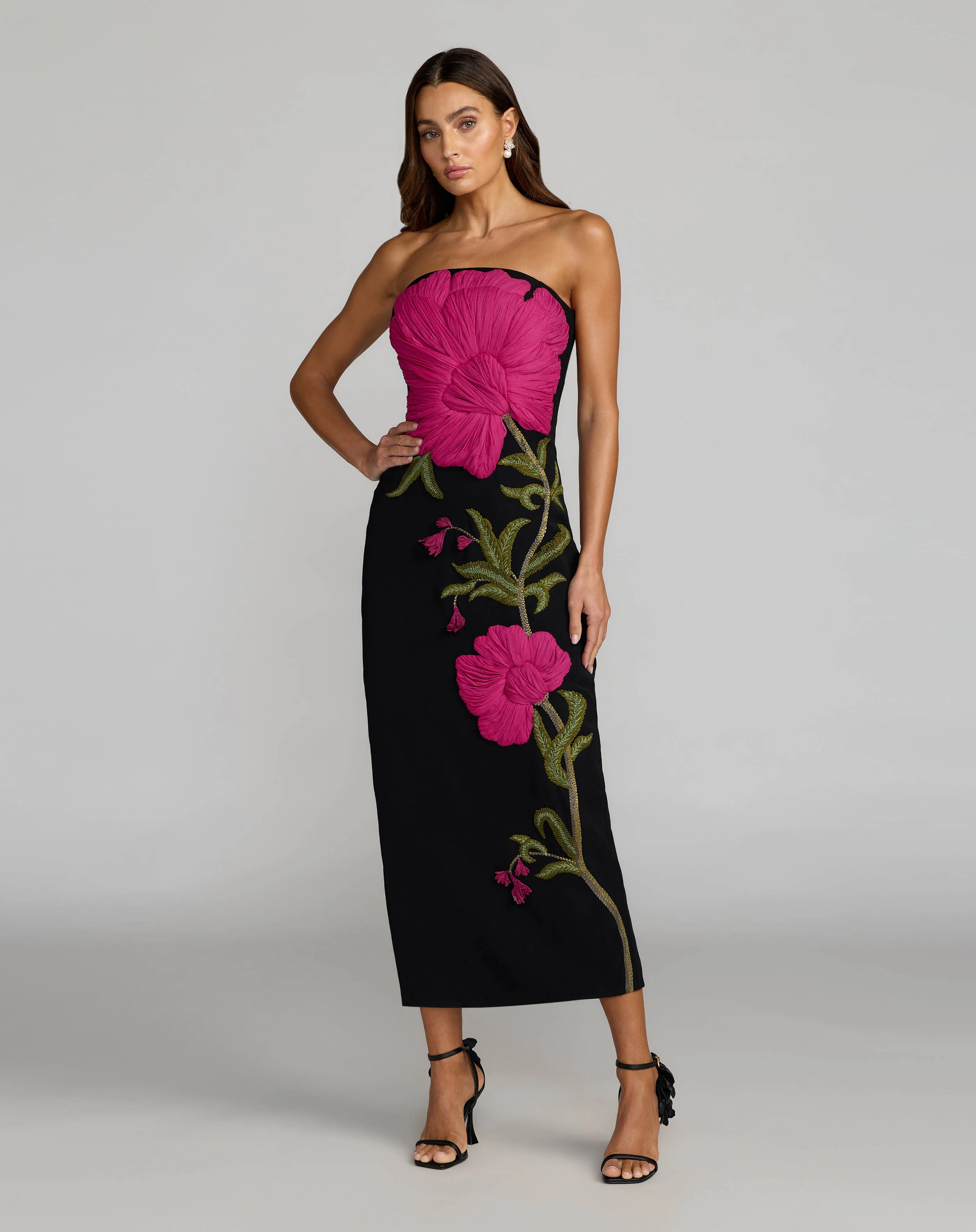 Black Strapless Floral Embroidered Midi Dress - Special Events Unlimited