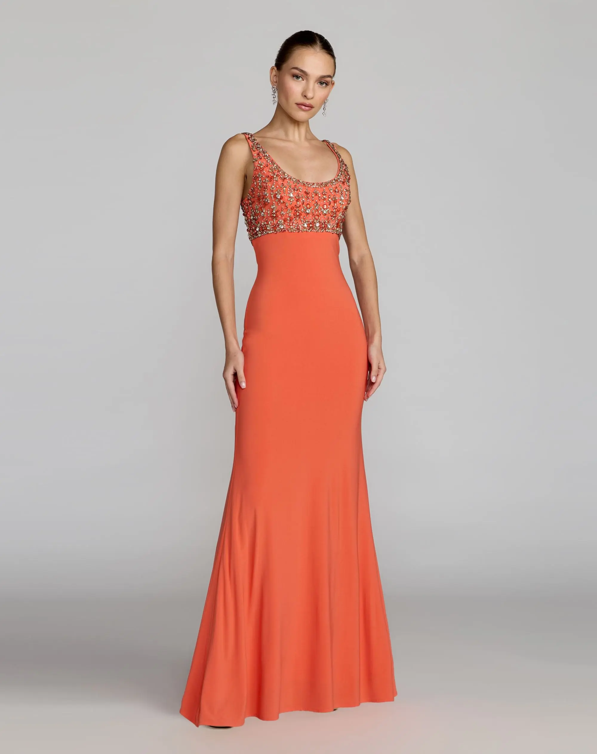Orange Sleeveless Scoop Neck Embellished Jersey Gown - Special Events Unlimited