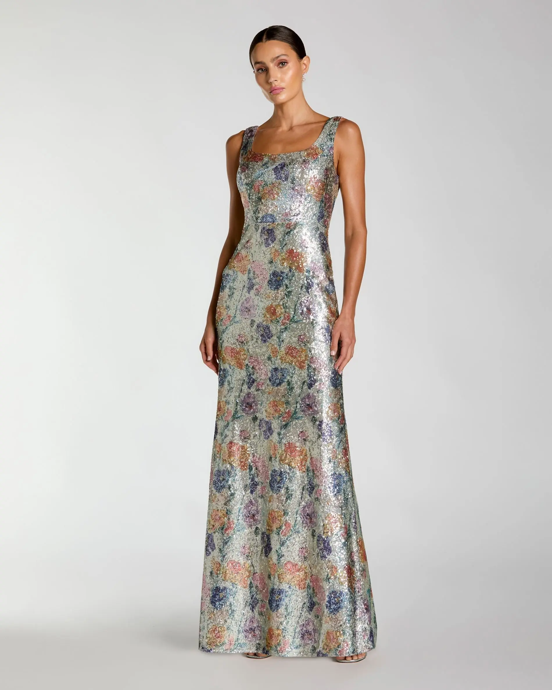Silver Sleeveless Floral Sequin Gown - Special Events Unlimited