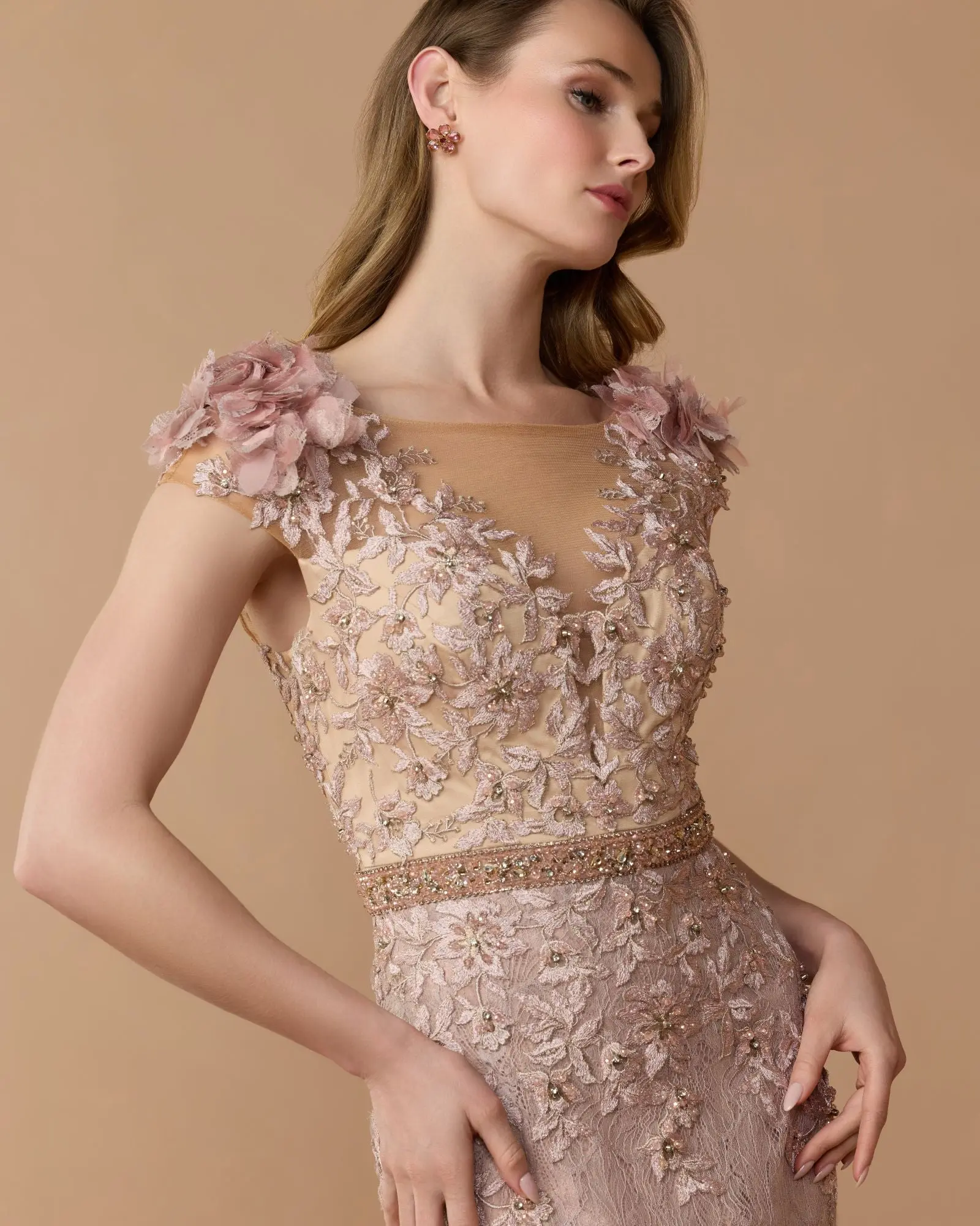Pink Embellished Lace Illusion Neck Gown With 3D Flowers - Special Events Unlimited