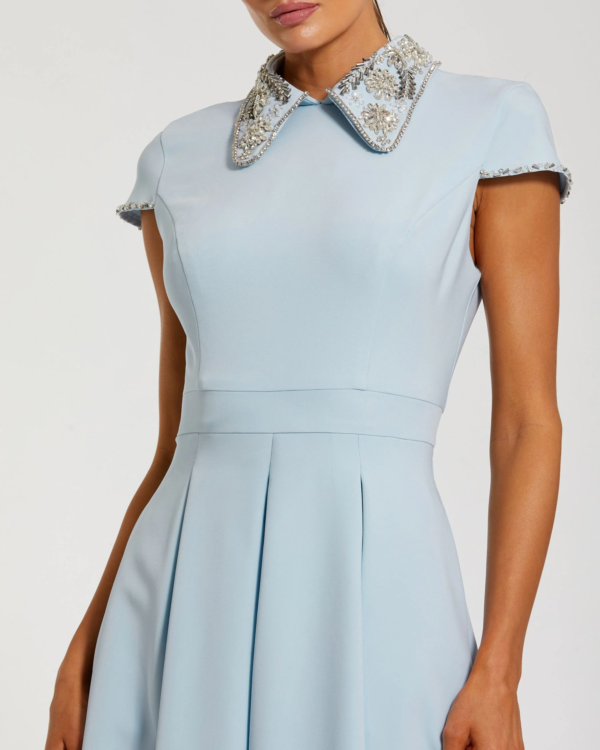Blue Crepe Short Sleeve Midi Dress With Beading - Special Events Unlimited