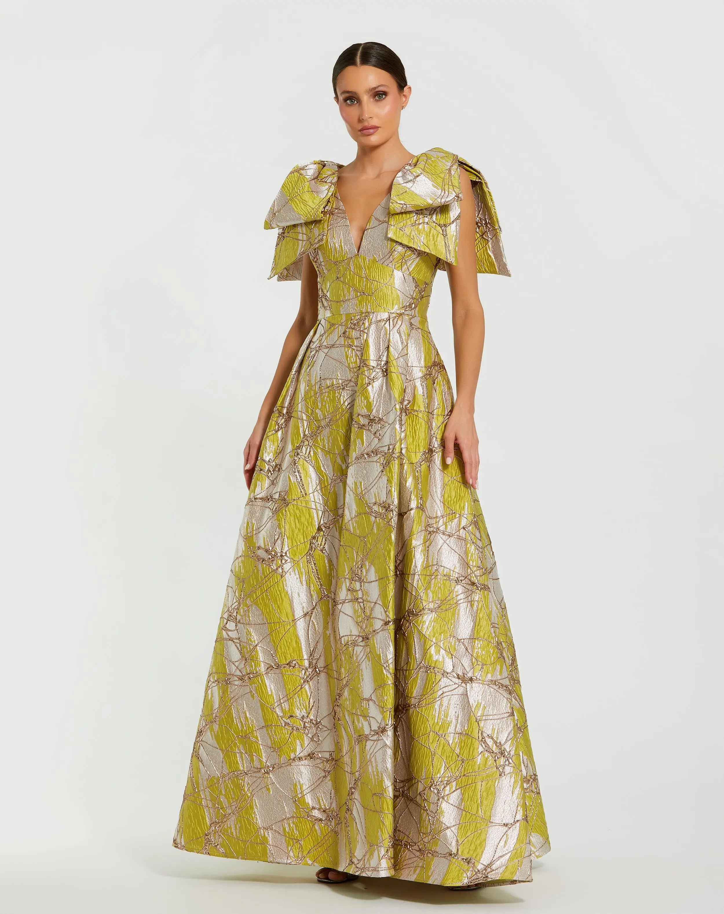 Green Layered Shoulder Bow Metallic A-Line Gown - Special Events Unlimited