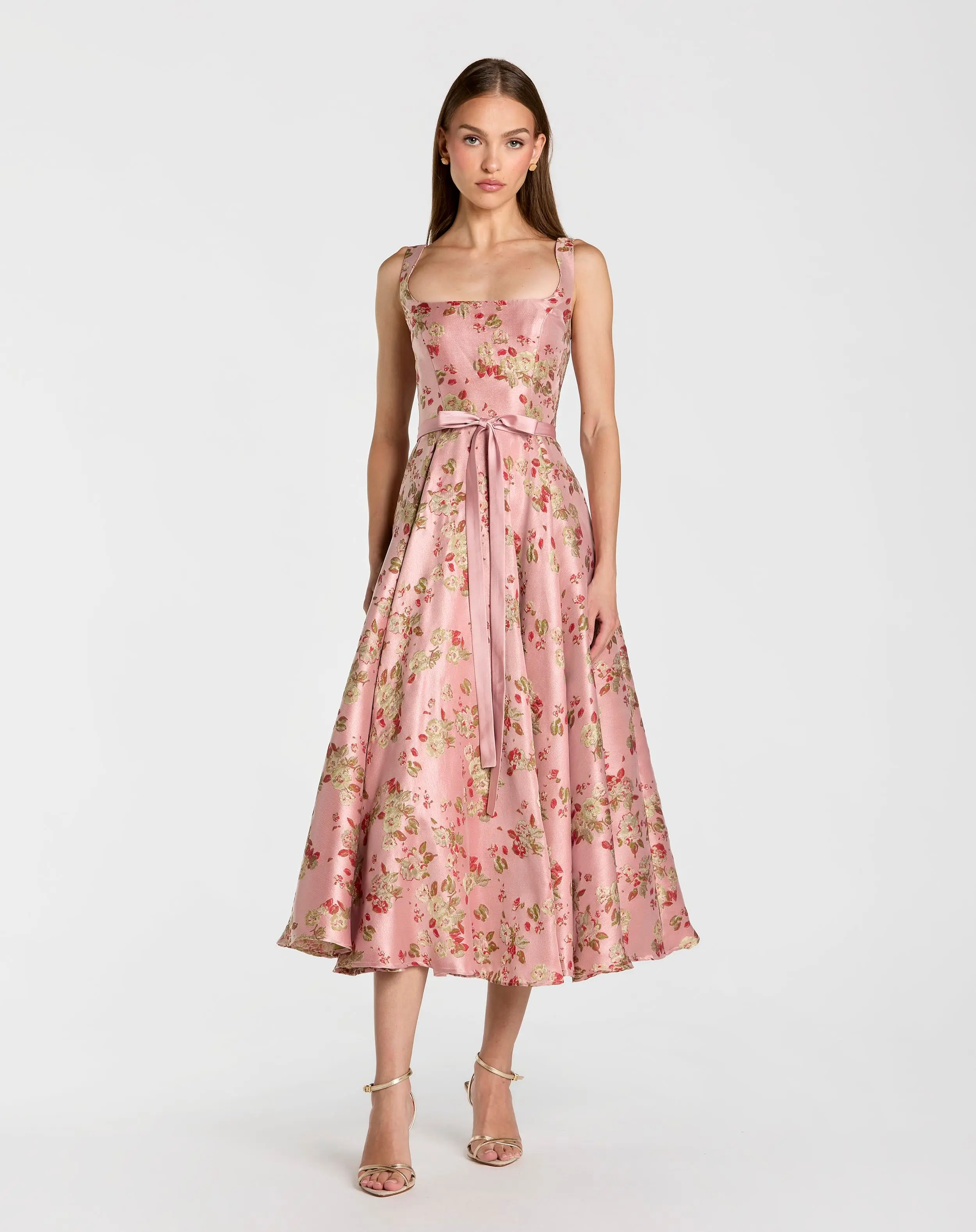 Pink Sleeveless Brocade A Line Midi Dress - Special Events Unlimited