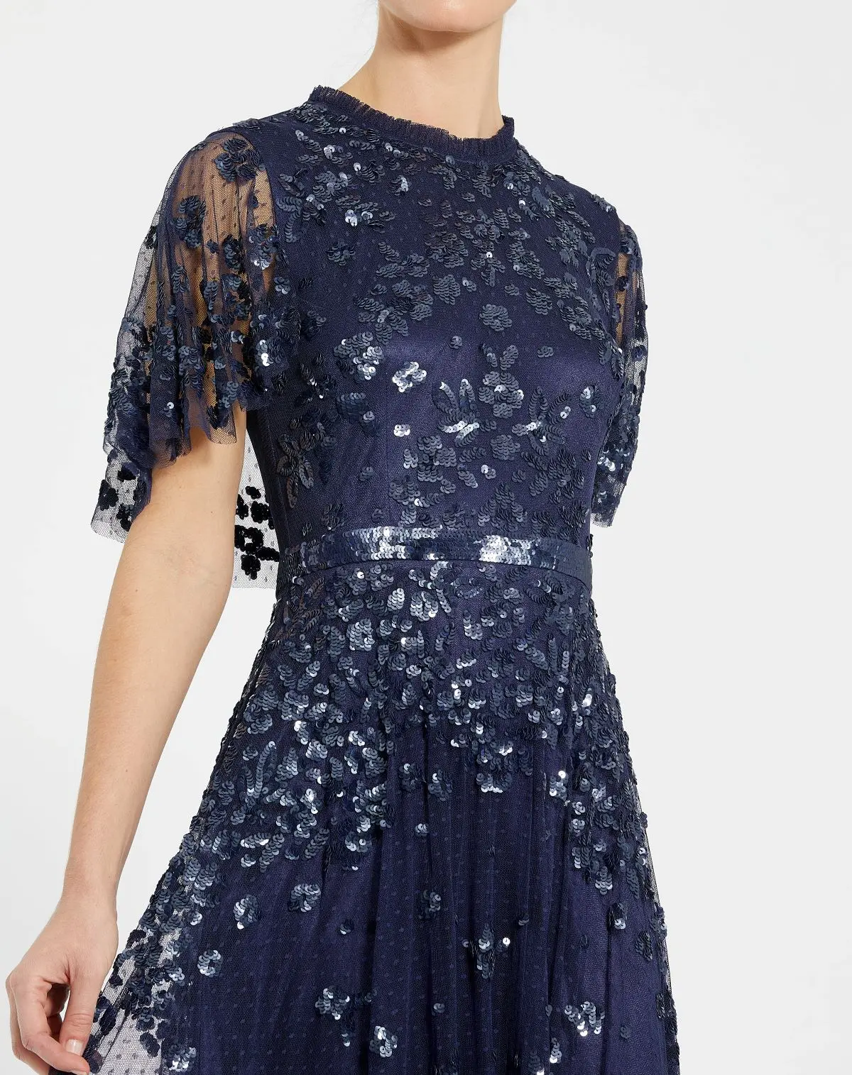 Navy Sequined High Neck Flutter Sleeve A Line Gown - Special Events Unlimited