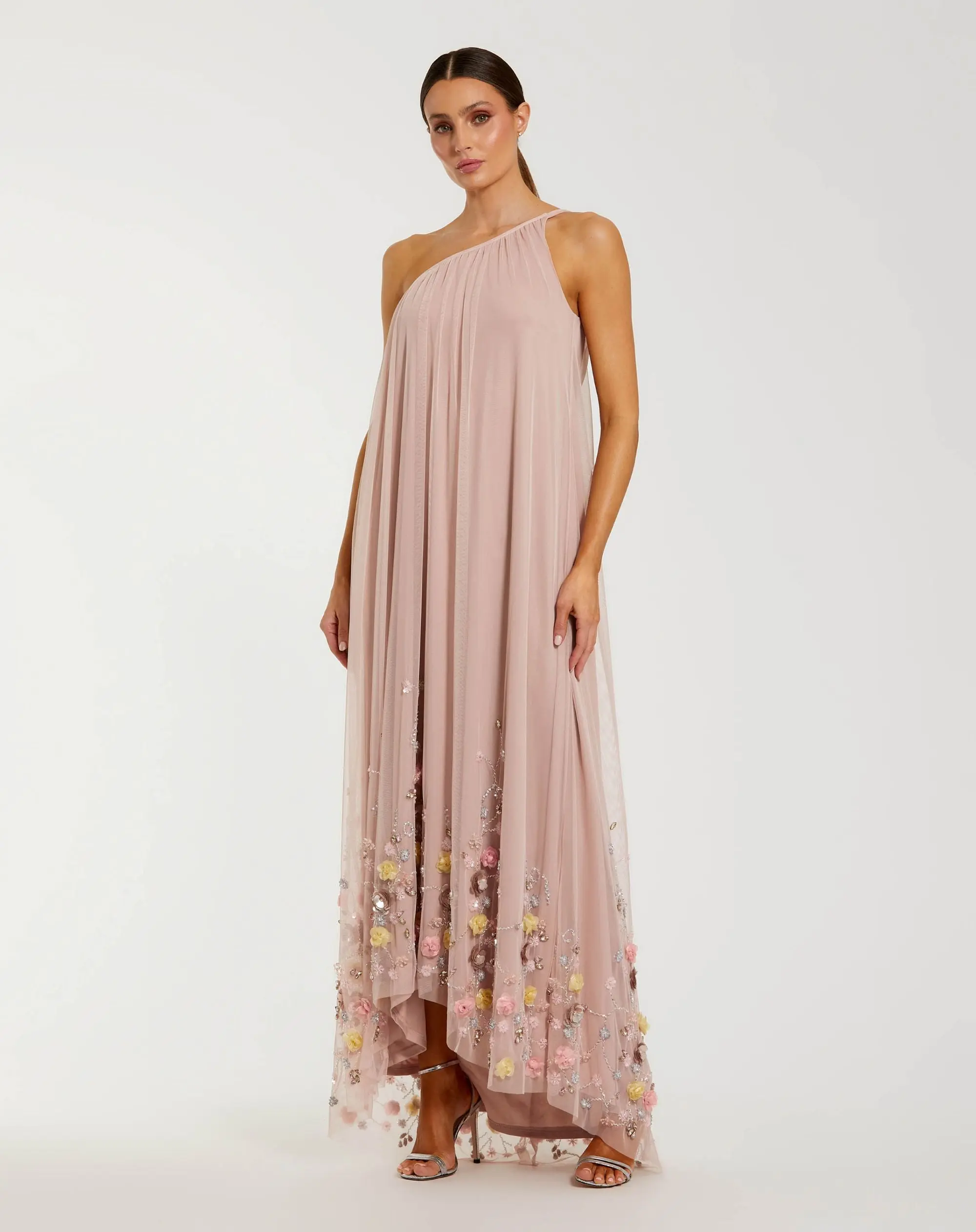 Pink One Shoulder Embellished Trapeze Gown - Special Events Unlimited