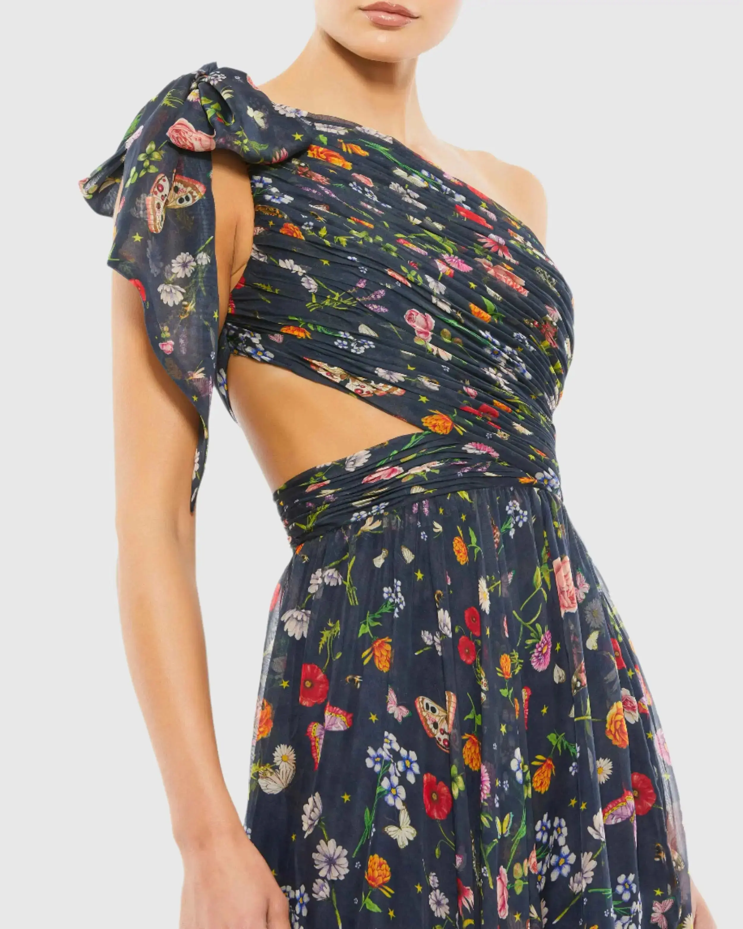Petite Navy Tied One Shoulder Cut-Out Flowy Gown - Special Events Unlimited