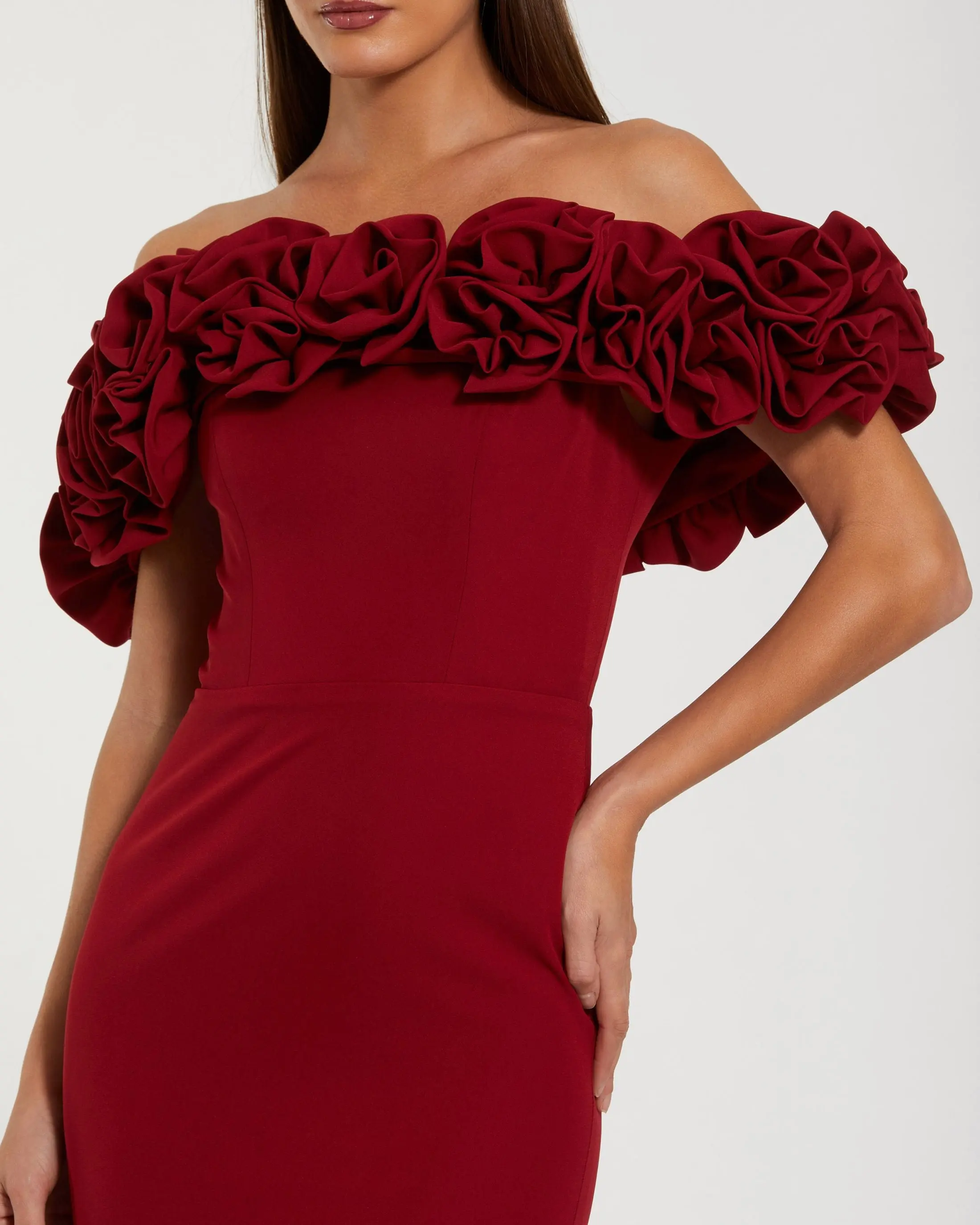 Burgundy Crepe Off The Shoulder Column Gown With 3D Roses - Special Events Unlimited