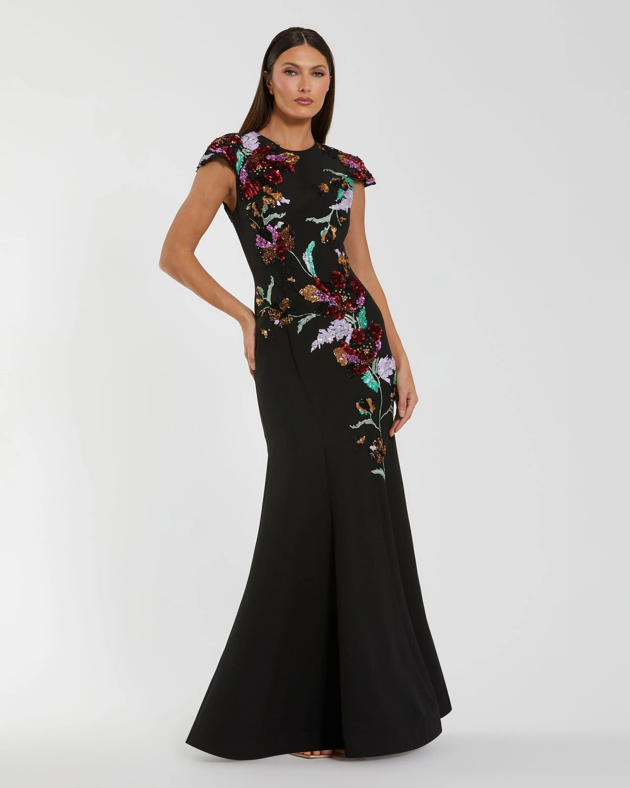 Black Floral Sequin Embellished Trumpet Gown - Special Events Unlimited