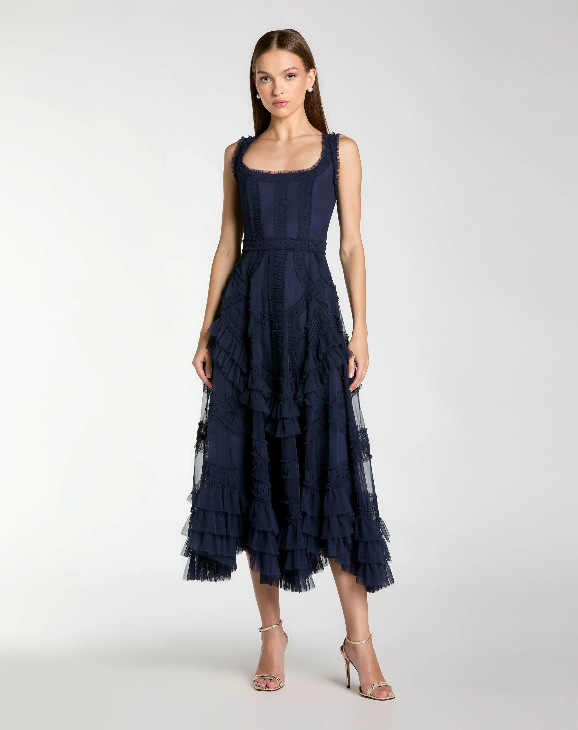 Navy Scoop Neck Sleeveless Micro Ruffle Midi Dress - Special Events Unlimited