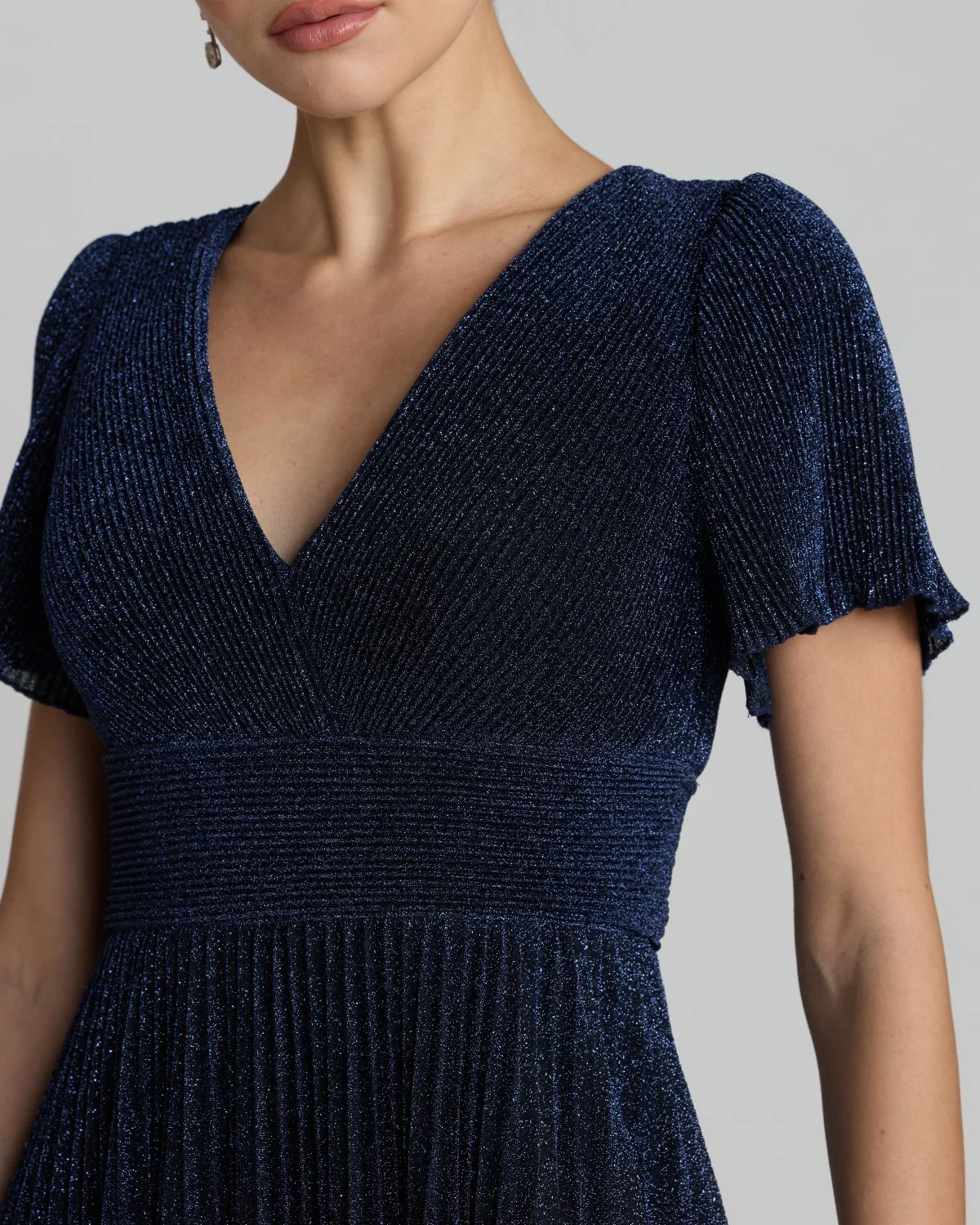Navy Pleated Metallic Flutter Sleeve A Line Gown - Special Events Unlimited