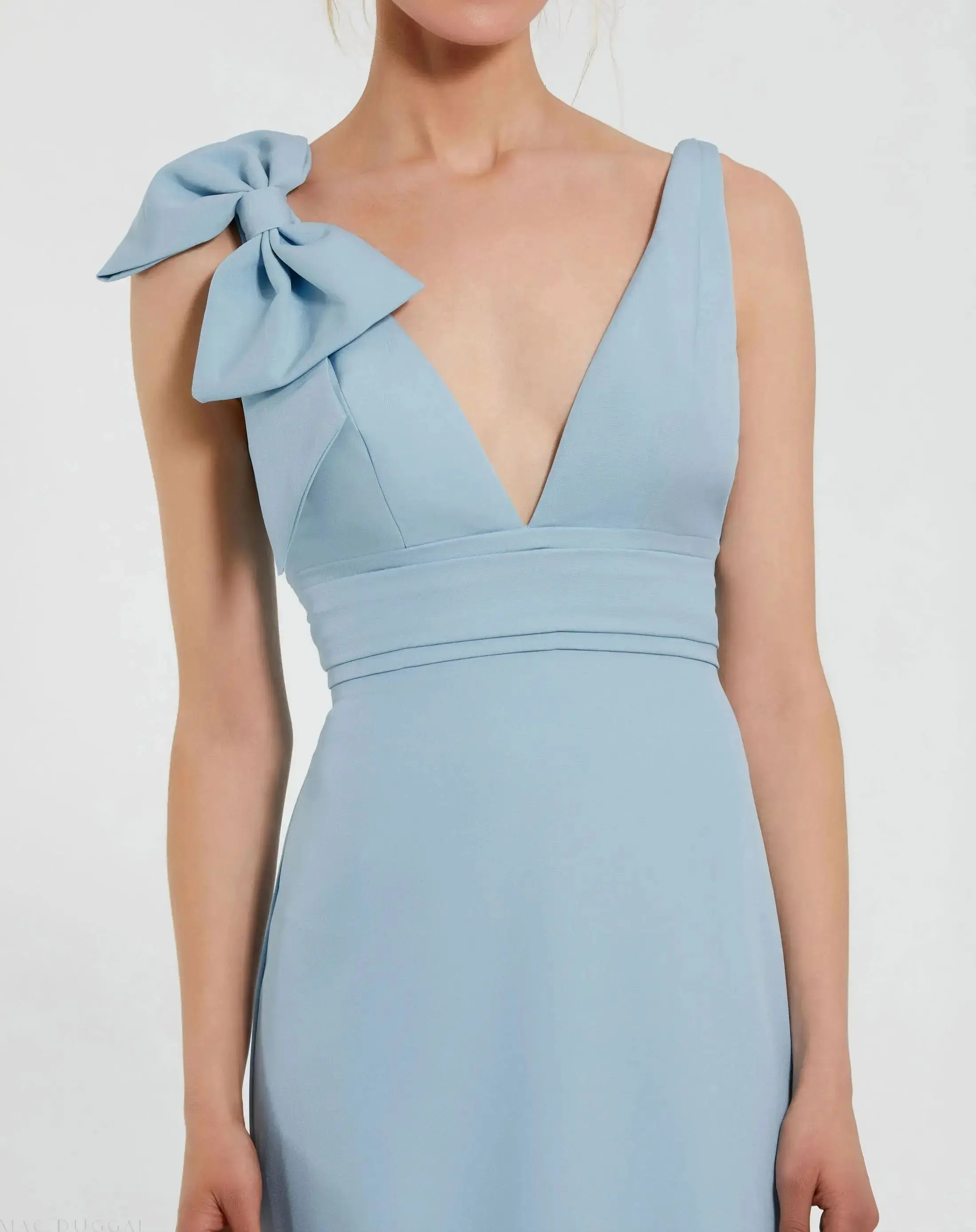 Petite Blue Sleeveless V Neck Bow Detail Mermaid Gown - Special Events Unlimited