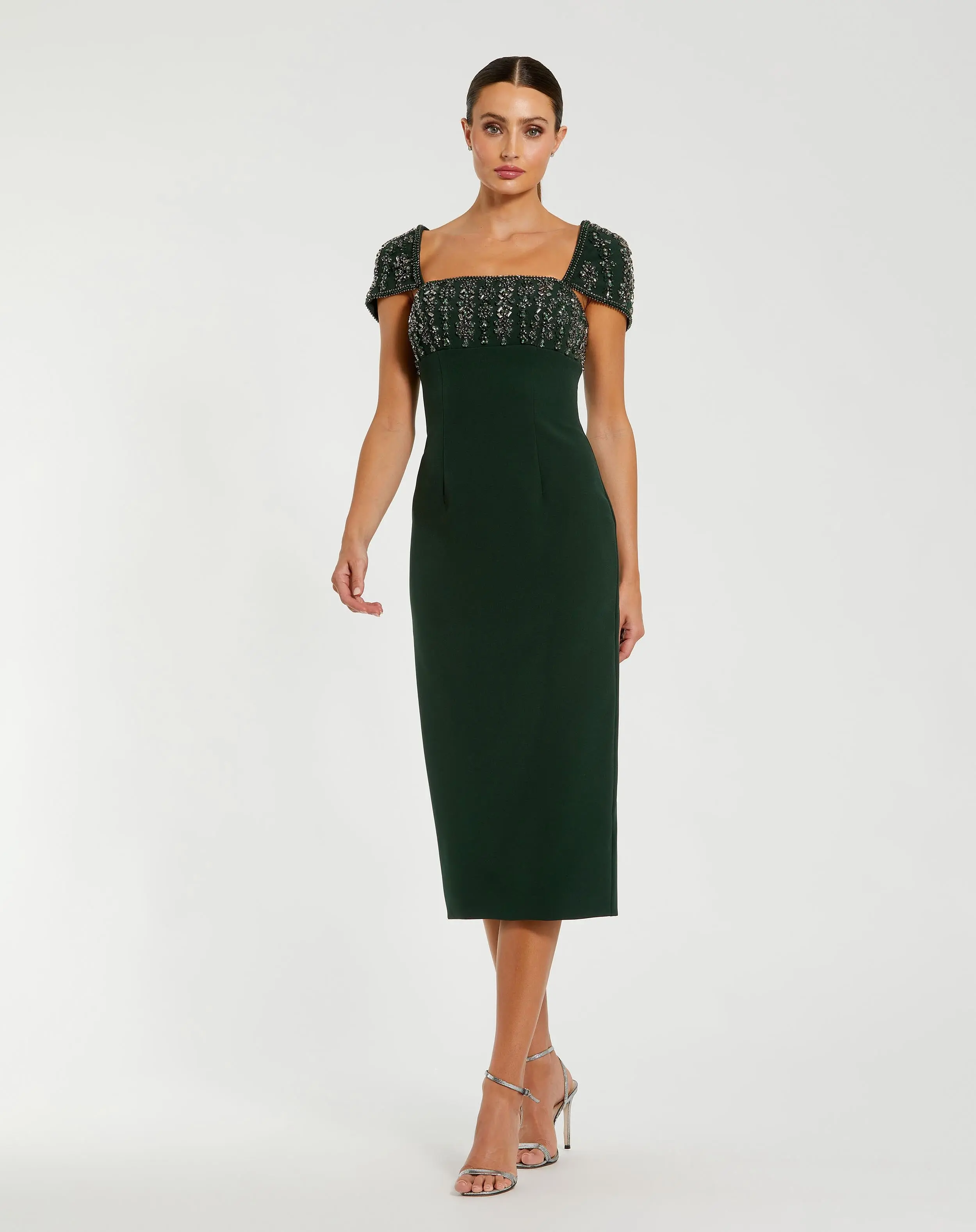 Green Embellished Cap Sleeve Crepe Midi Dress - Special Events Unlimited