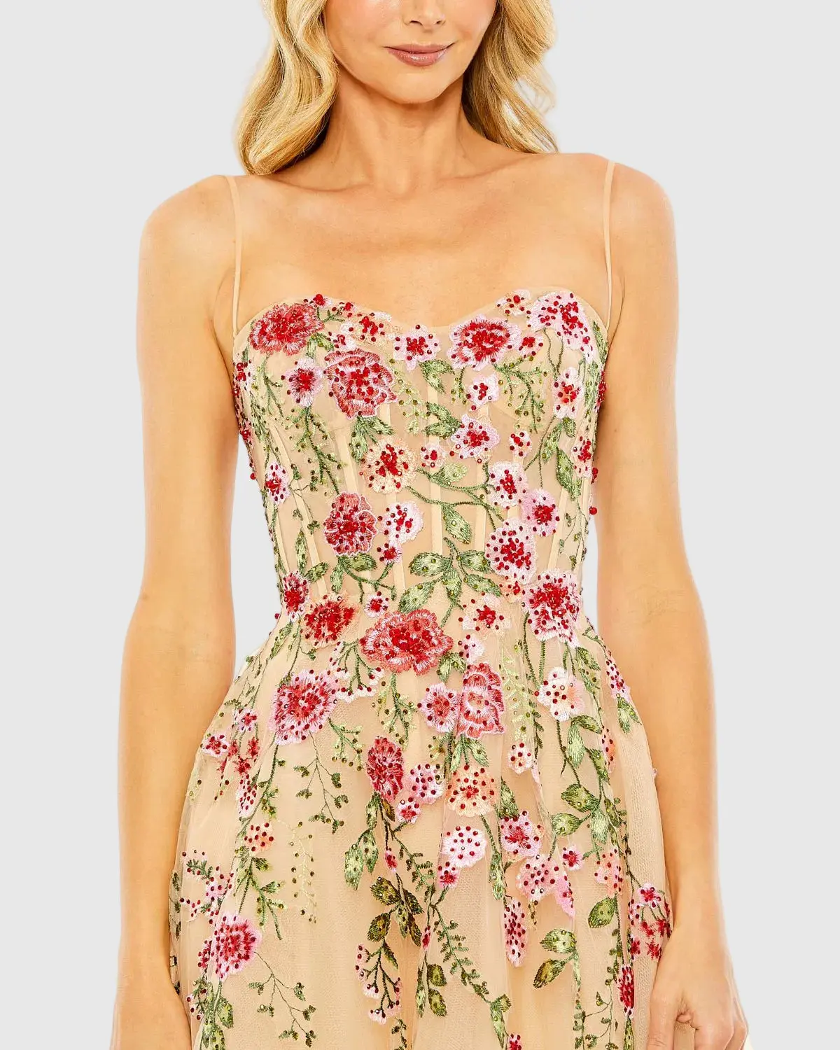 Beige Bustier Embroidered Floral A-Line Dress - Special Events Unlimited