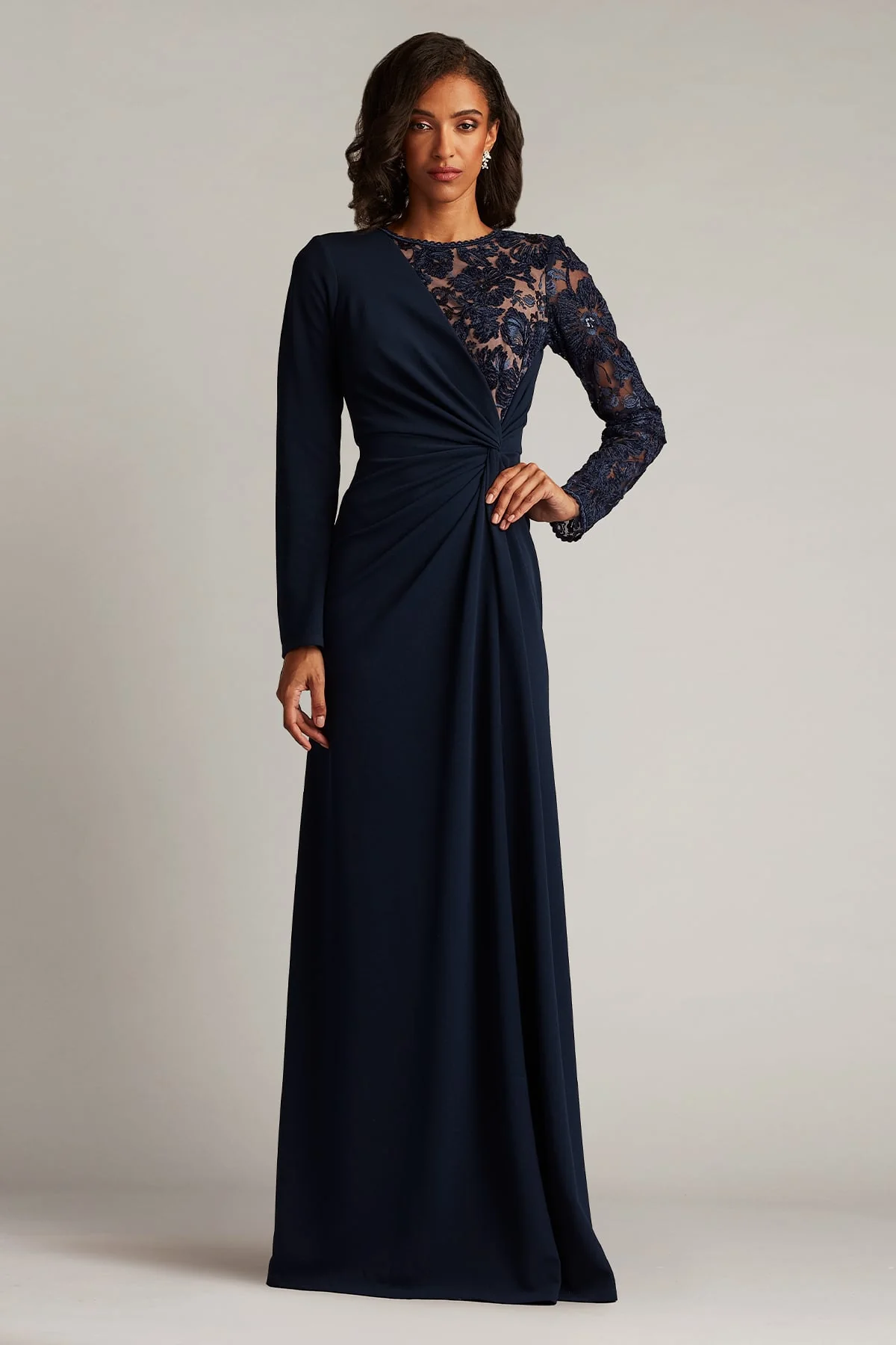 Devika Embroidered Twist-Drape Gown - Special Events Unlimited