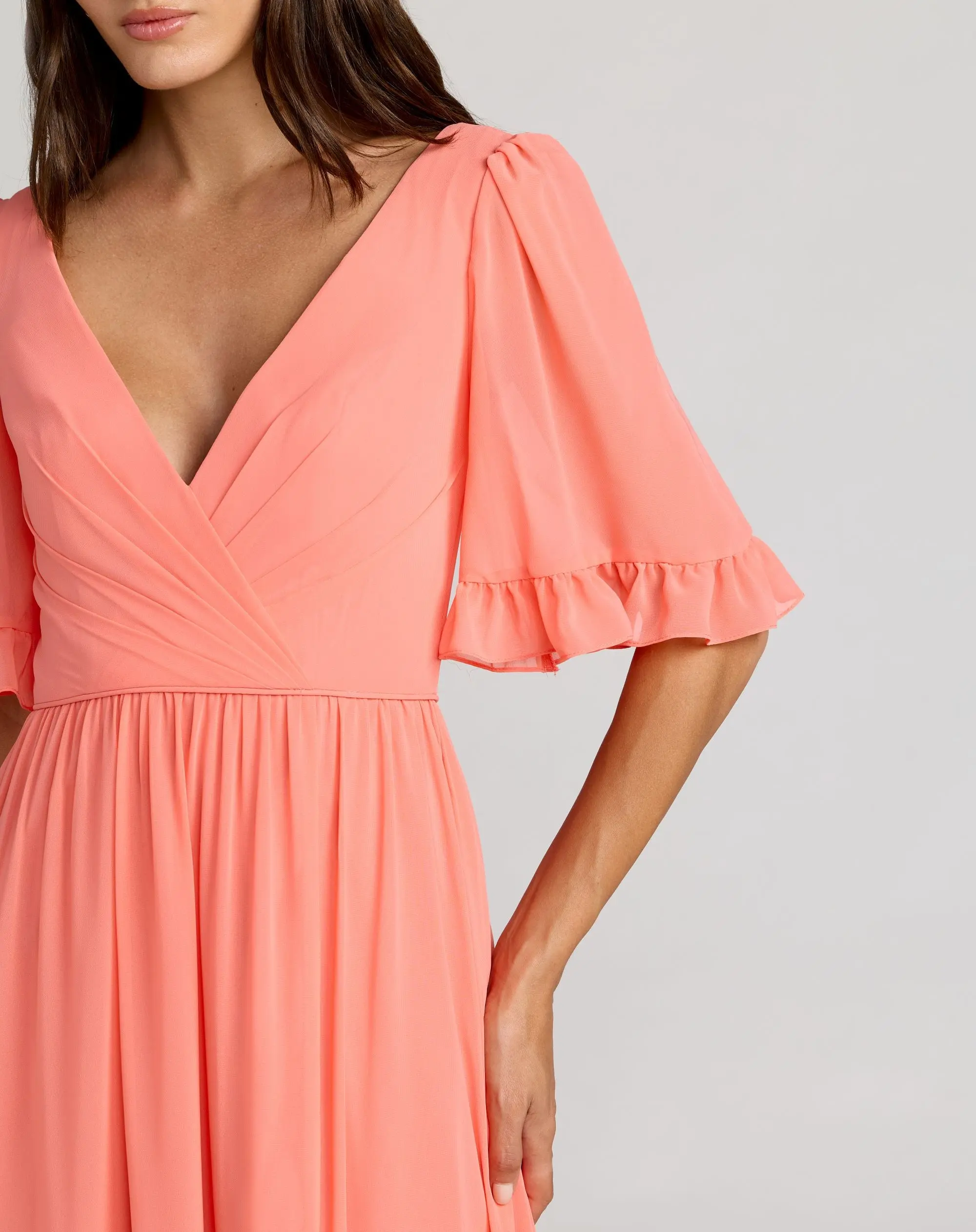 Pink Faux Wrap Ruffle Trim A-Line Gown - Special Events Unlimited