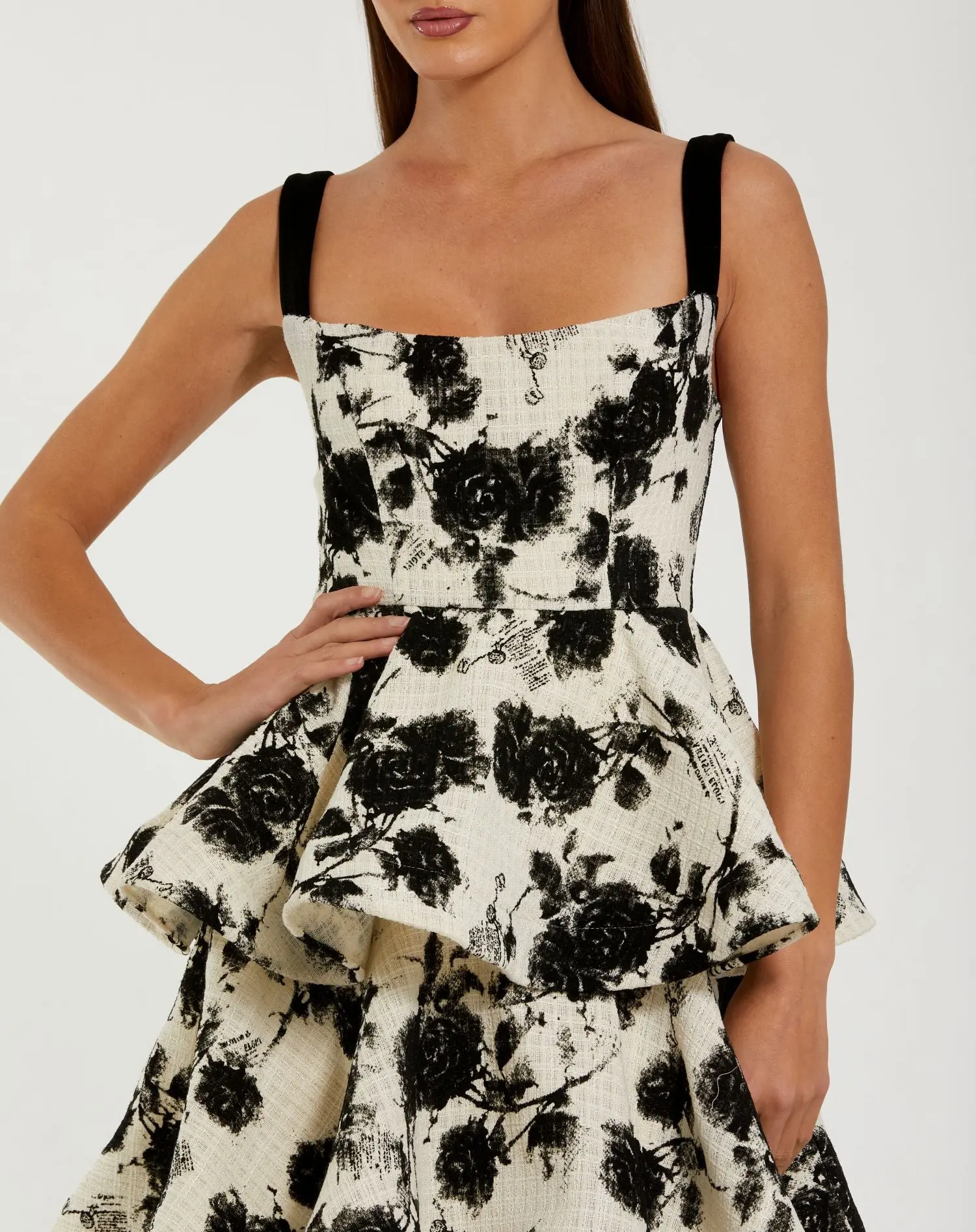 Black and White Floral Boucle Tiered Ruffle Gown - Special Events Unlimited