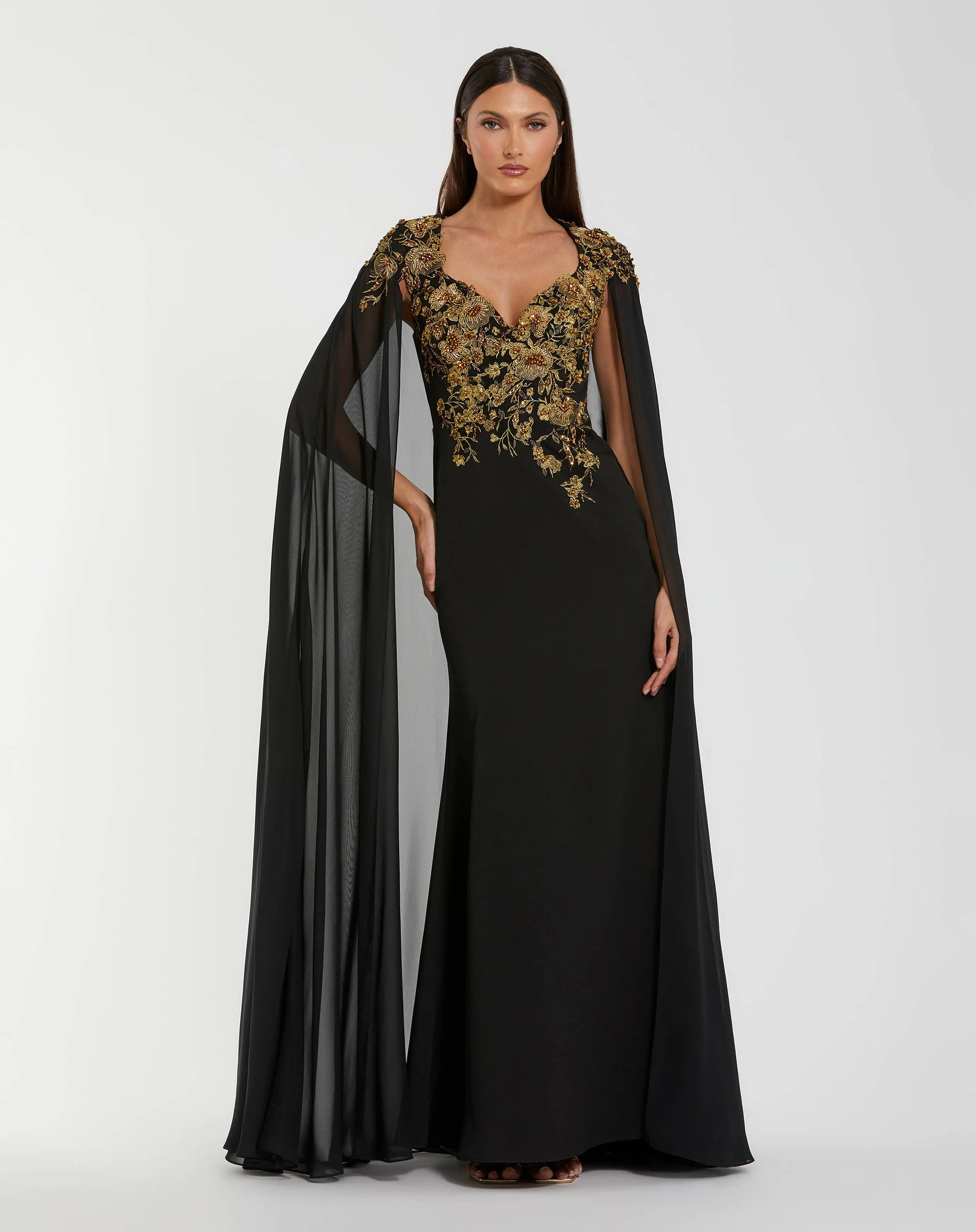 Black and Gold Embellished Column Gown with Chiffon Cape Sleeves - Special Events Unlimited
