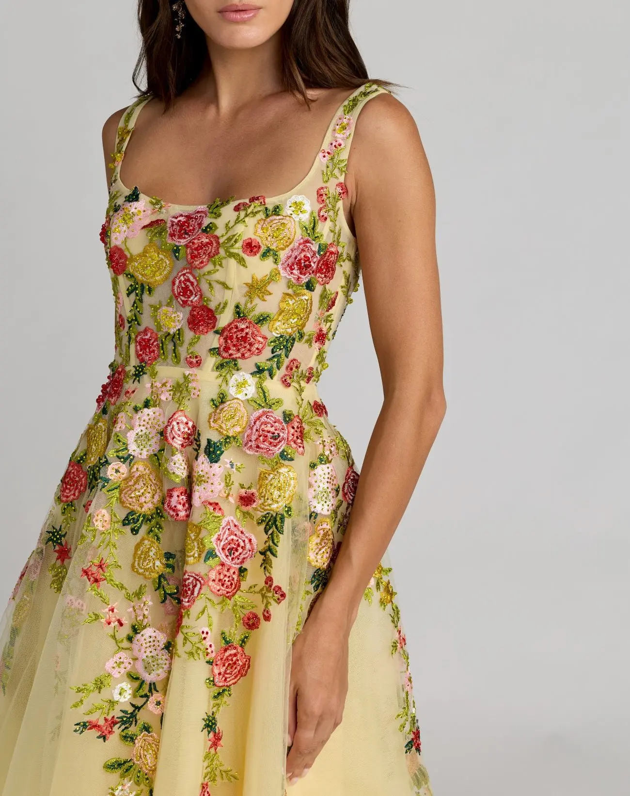 Yellow Embroidered Tulle A-Line Midi Dress - Special Events Unlimited