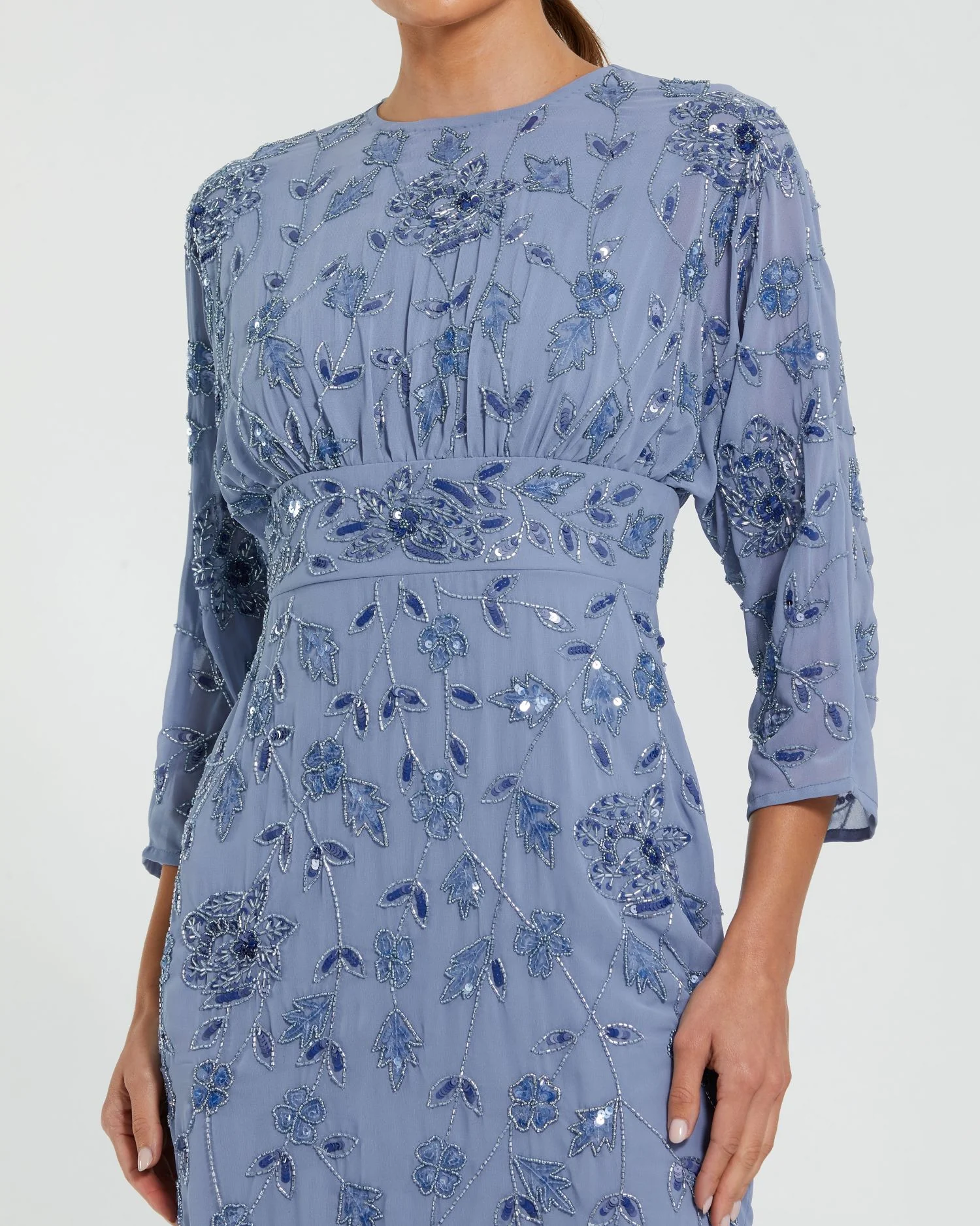 Blue Floral Embellished Midi Dress with 3/4 Sleeves - Special Events Unlimited