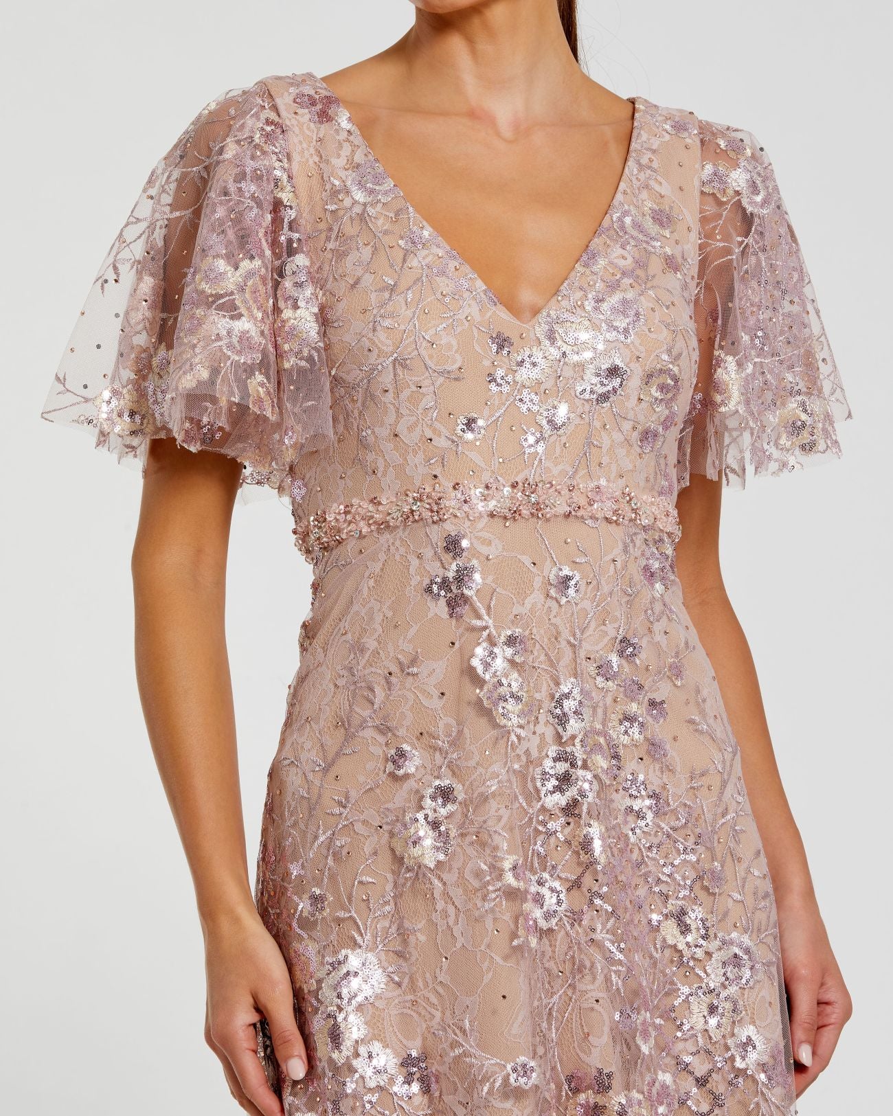 Pink Lace Embellished Flutter Sleeve A-Line Gown - Special Events Unlimited