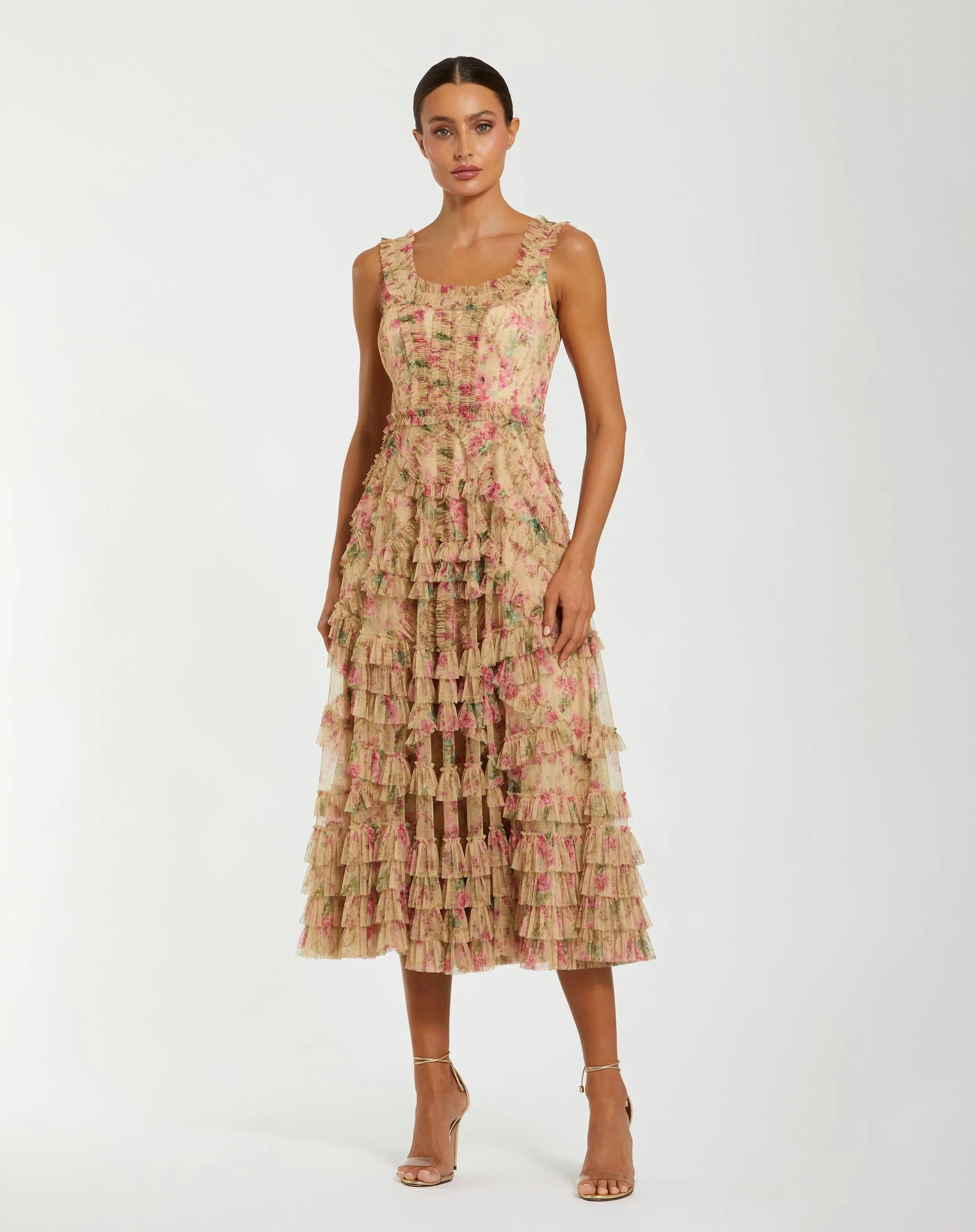 Beige Floral Printed Sleeveless Ruffle Midi Dress - Special Events Unlimited