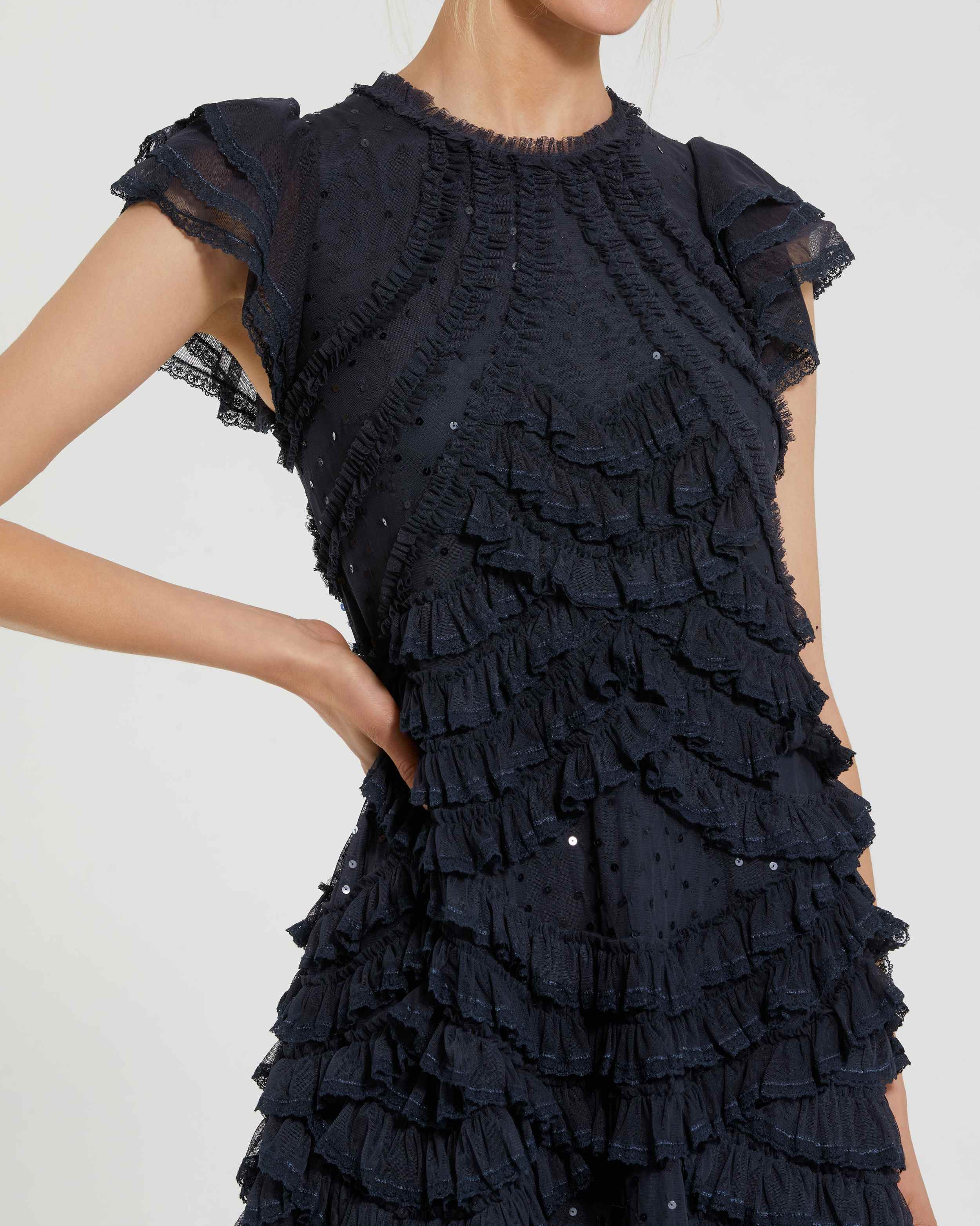 Navy High Neck Cap Sleeve Micro Ruffle Midi Dress - Special Events Unlimited
