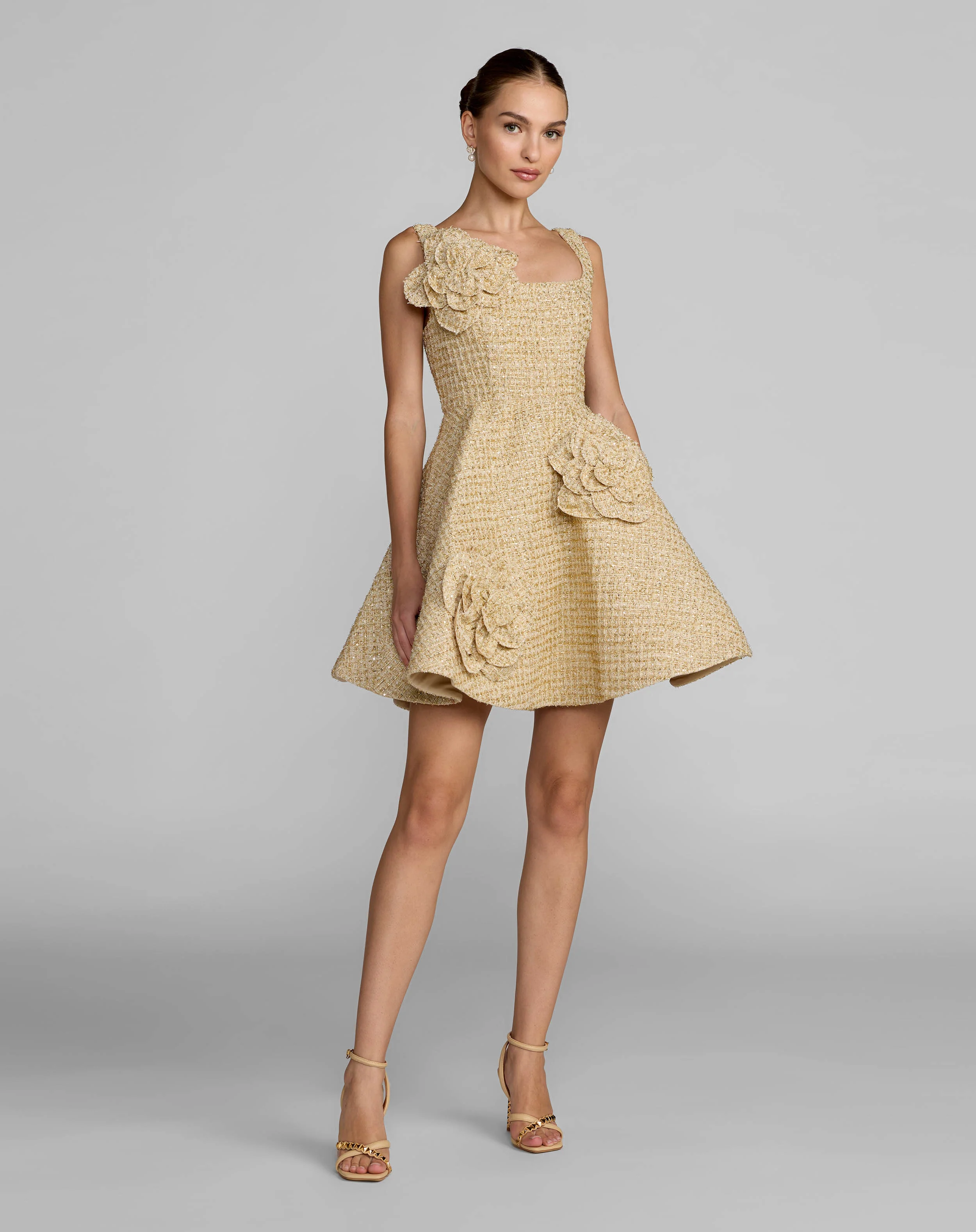 Gold Boucle Floral Applique Mini Dress With Pockets - Special Events Unlimited