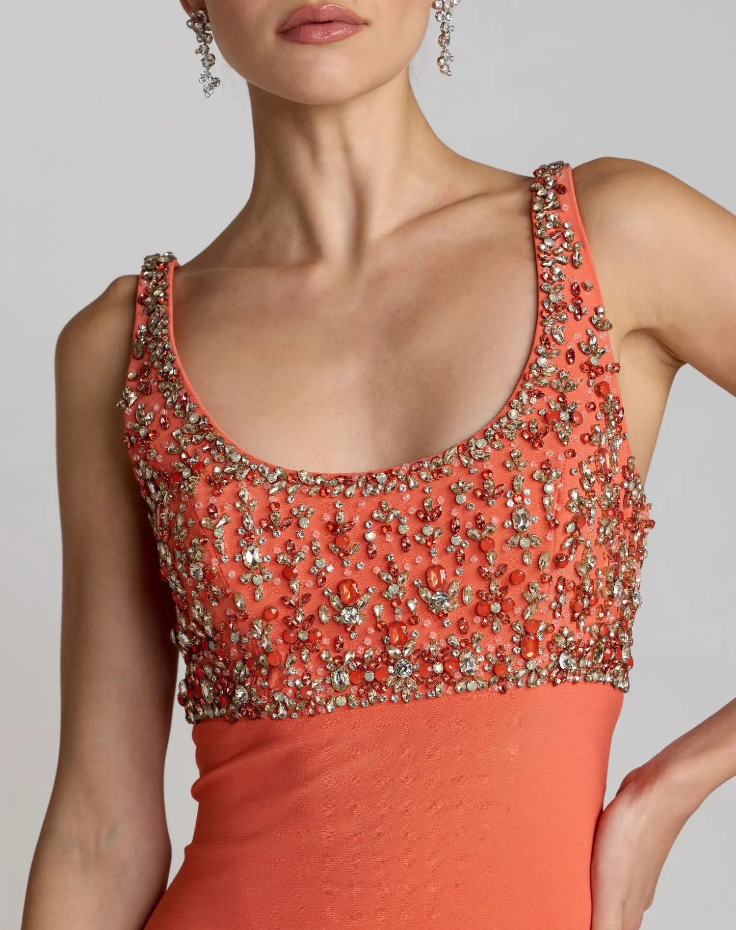 Orange Sleeveless Scoop Neck Embellished Jersey Gown - Special Events Unlimited