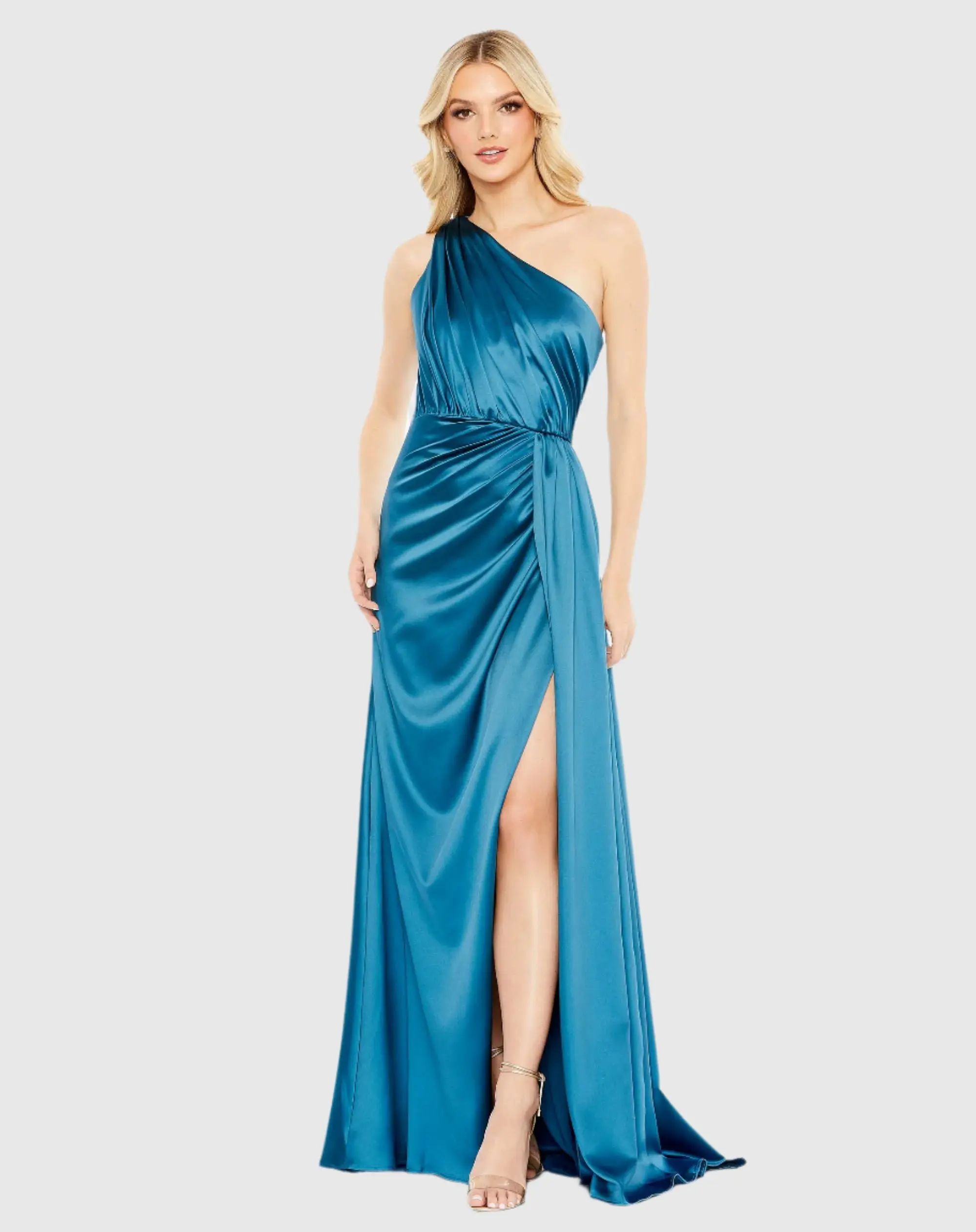 Blue Gathered One Shoulder Satin Faux Wrap Gown - Special Events Unlimited