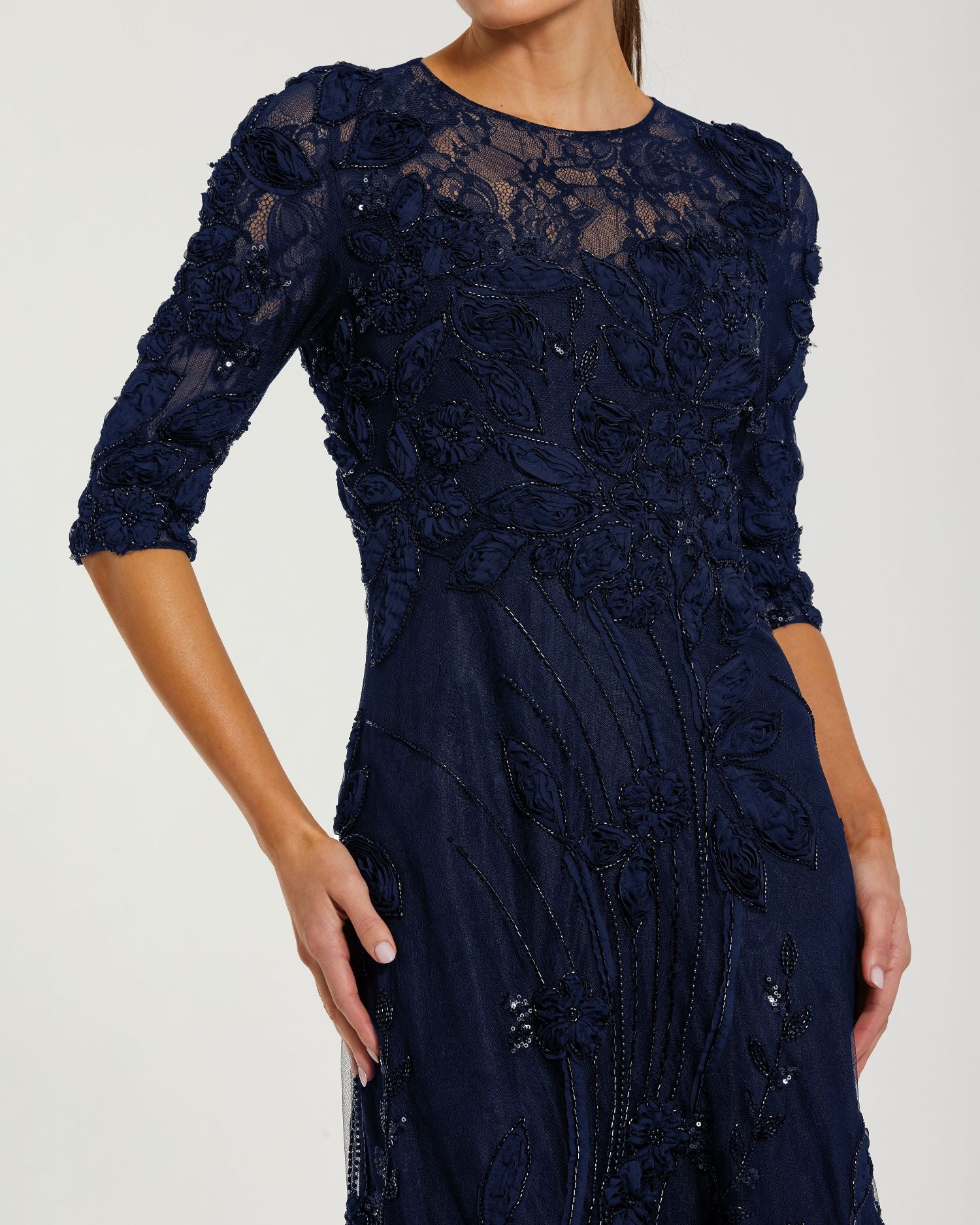 Navy High Neck Embellished Lace Gown with 3/4 Sleeves - Special Events Unlimited