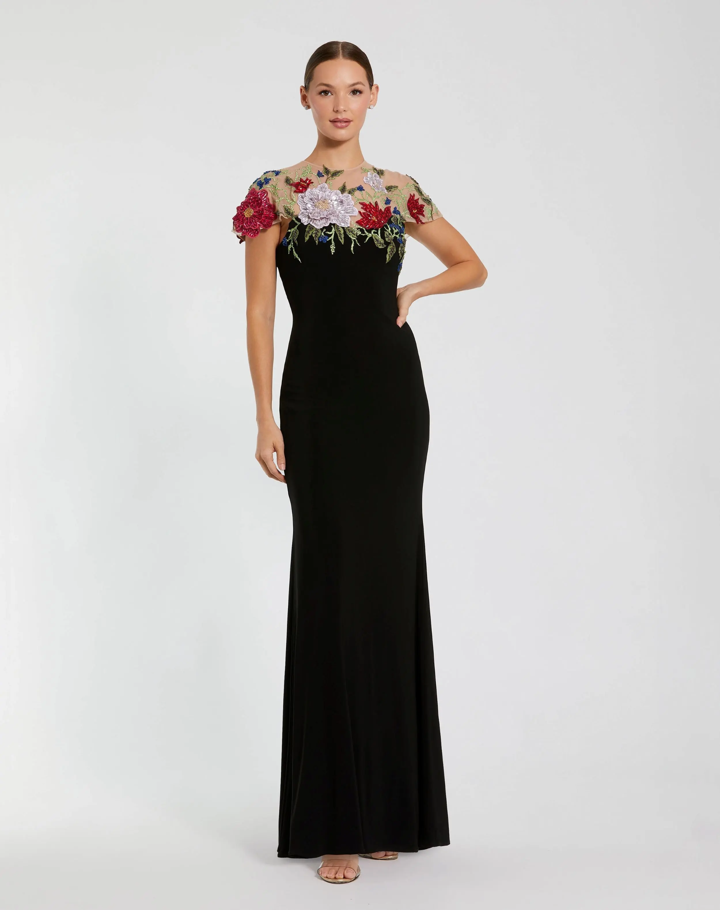 Black Floral Embellished Jersey Column Gown - Special Events Unlimited