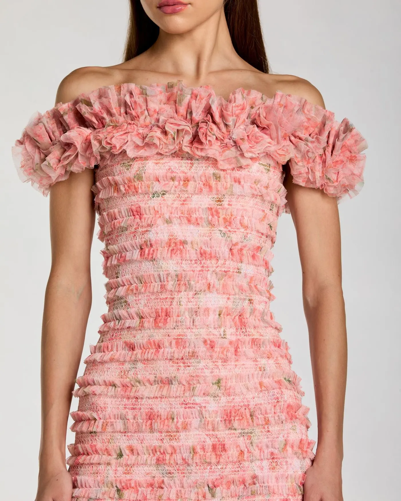 Pink Floral Off The Shoulder Ruffle Midi Dress - Special Events Unlimited
