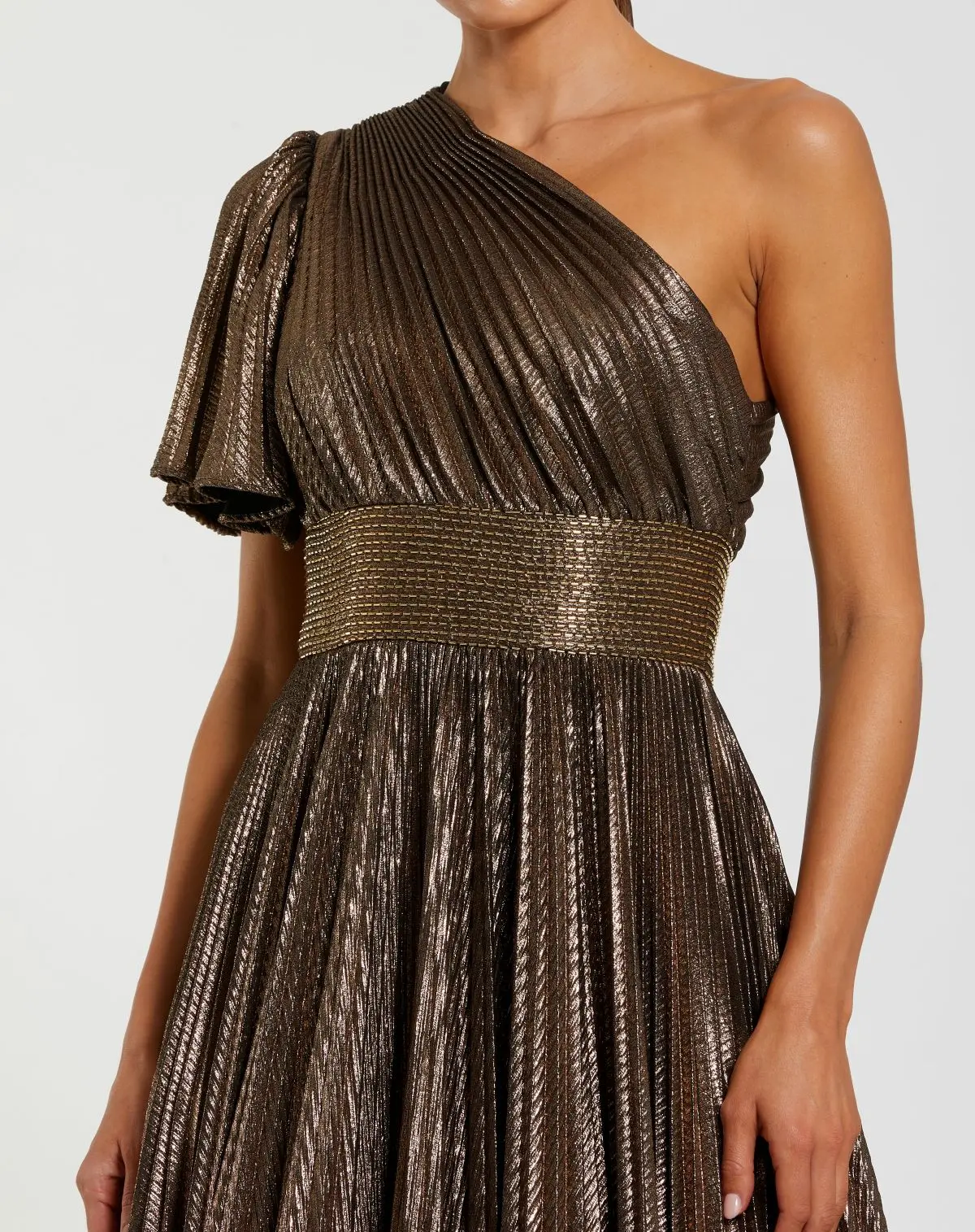 Brown One Shoulder Pleated Metallic Ball Gown - Special Events Unlimited